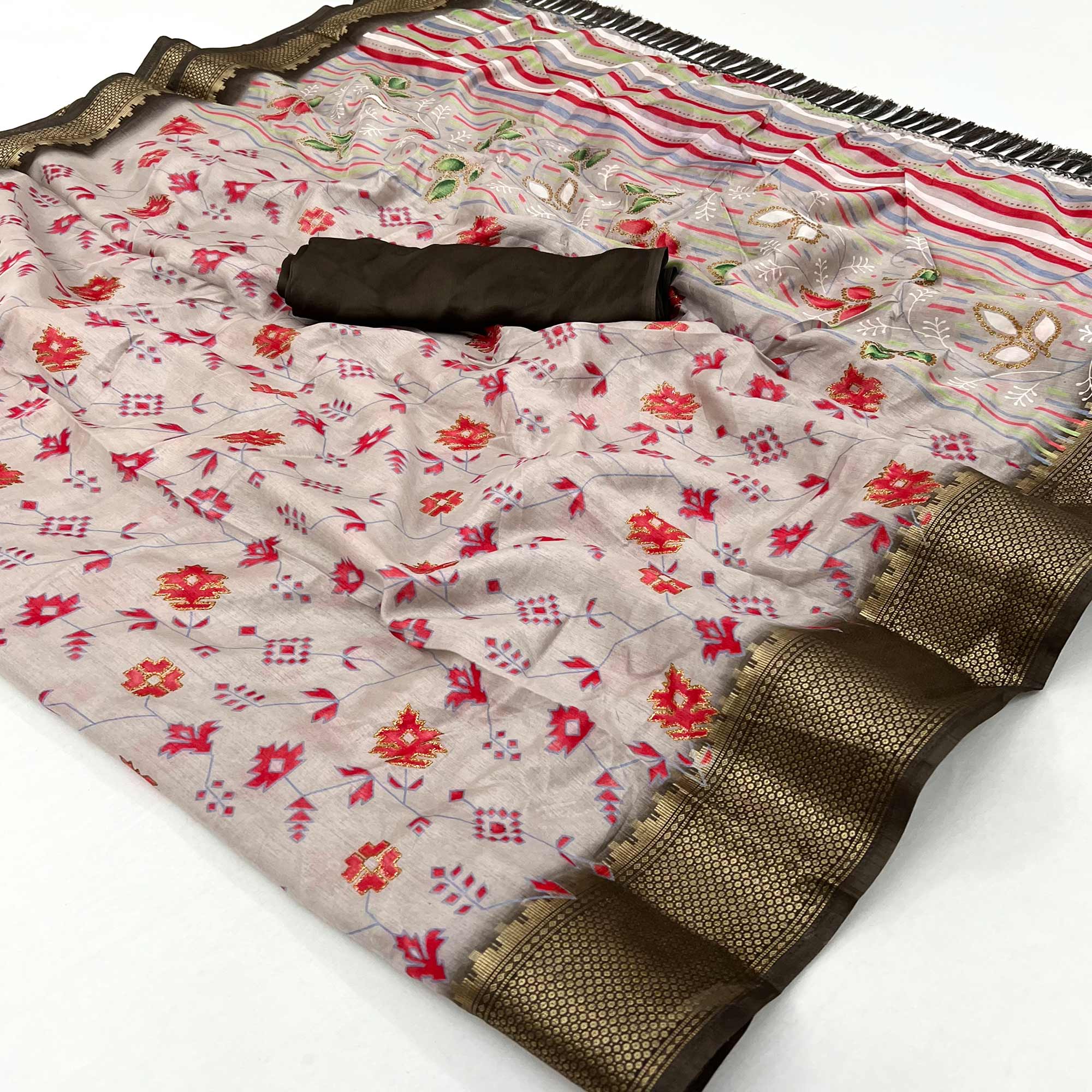 Beige Floral Printed With Woven Border Dola Silk Saree