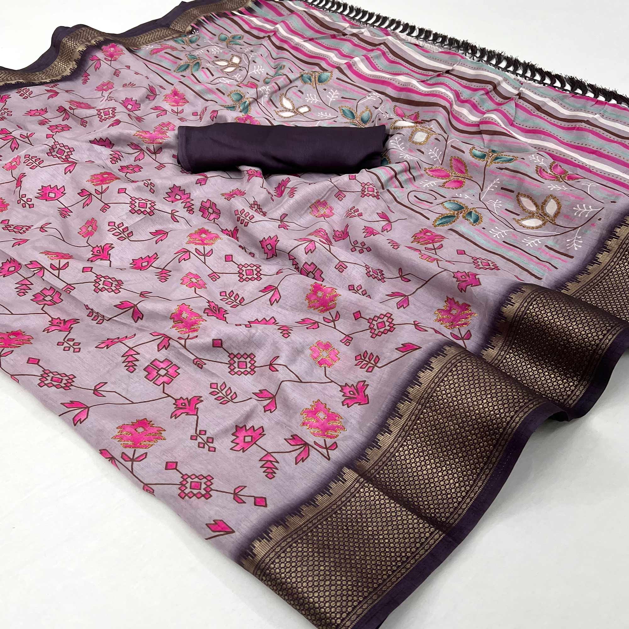 Light Purple Floral Printed With Woven Border Dola Silk Saree