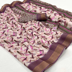 Beige Digital Printed With Woven Border Cotton Silk Saree