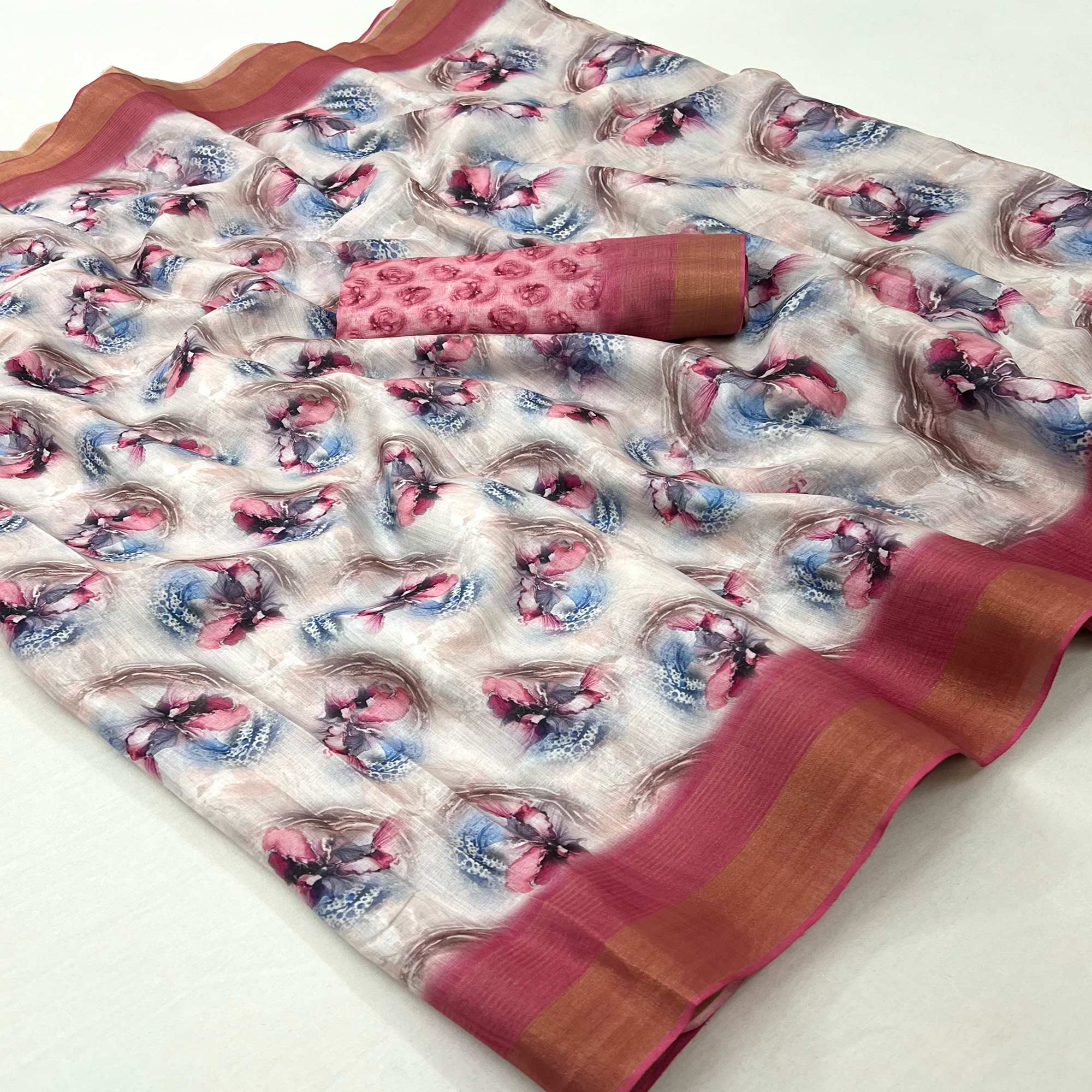 Grey Digital Printed With Woven Border Cotton Silk Saree