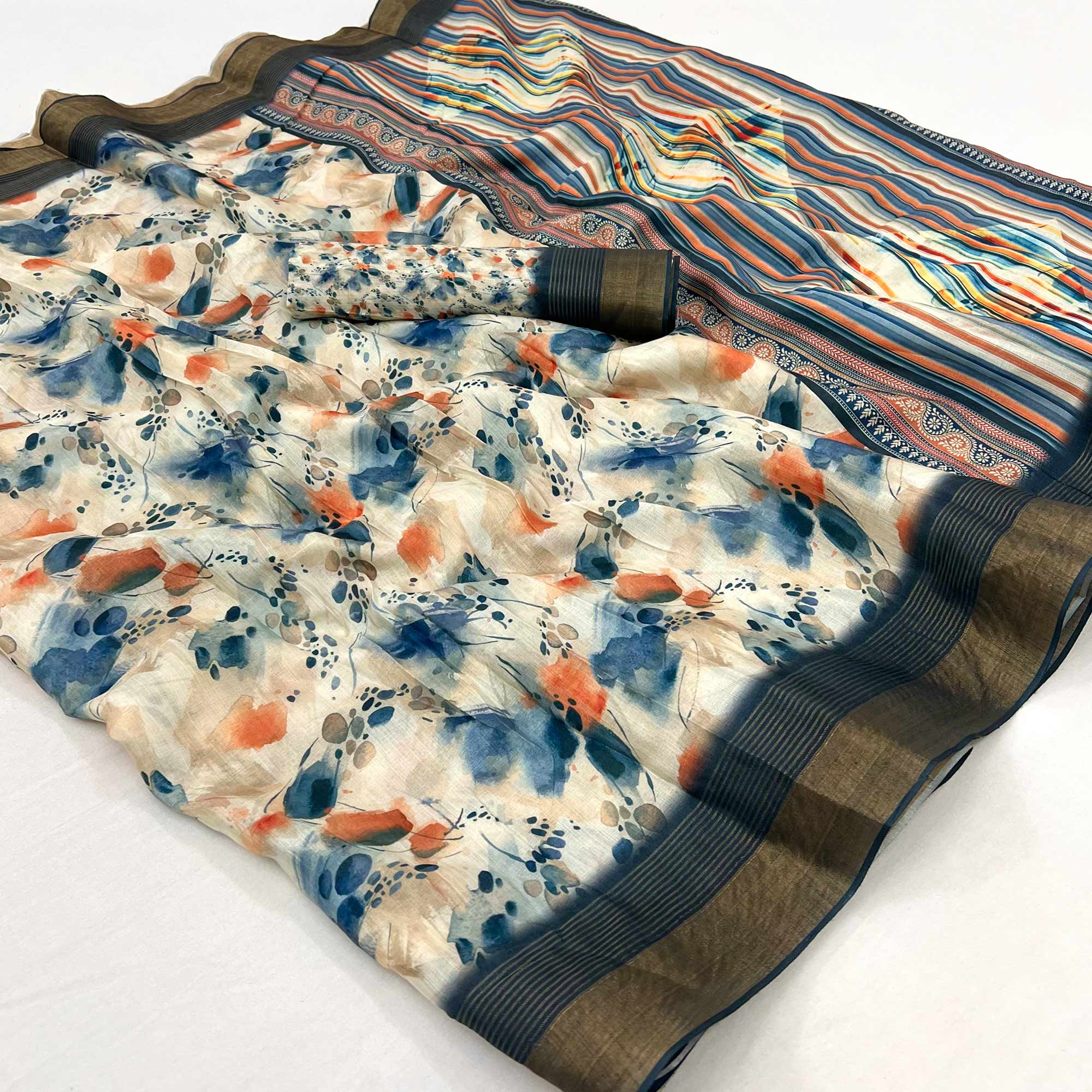 Cream Digital Printed With Woven Border Cotton Silk Saree