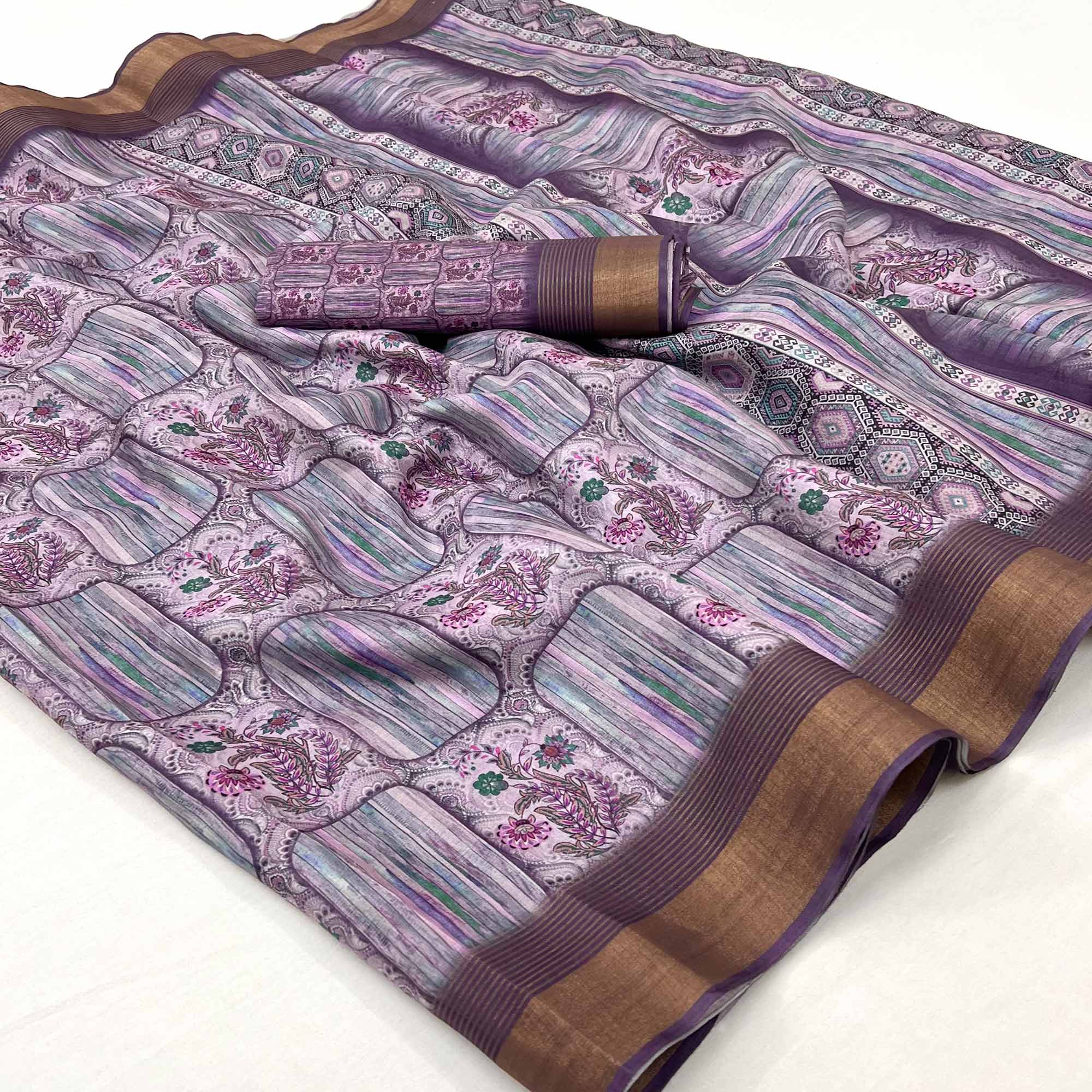 Purple Digital Printed With Woven Border Cotton Silk Saree