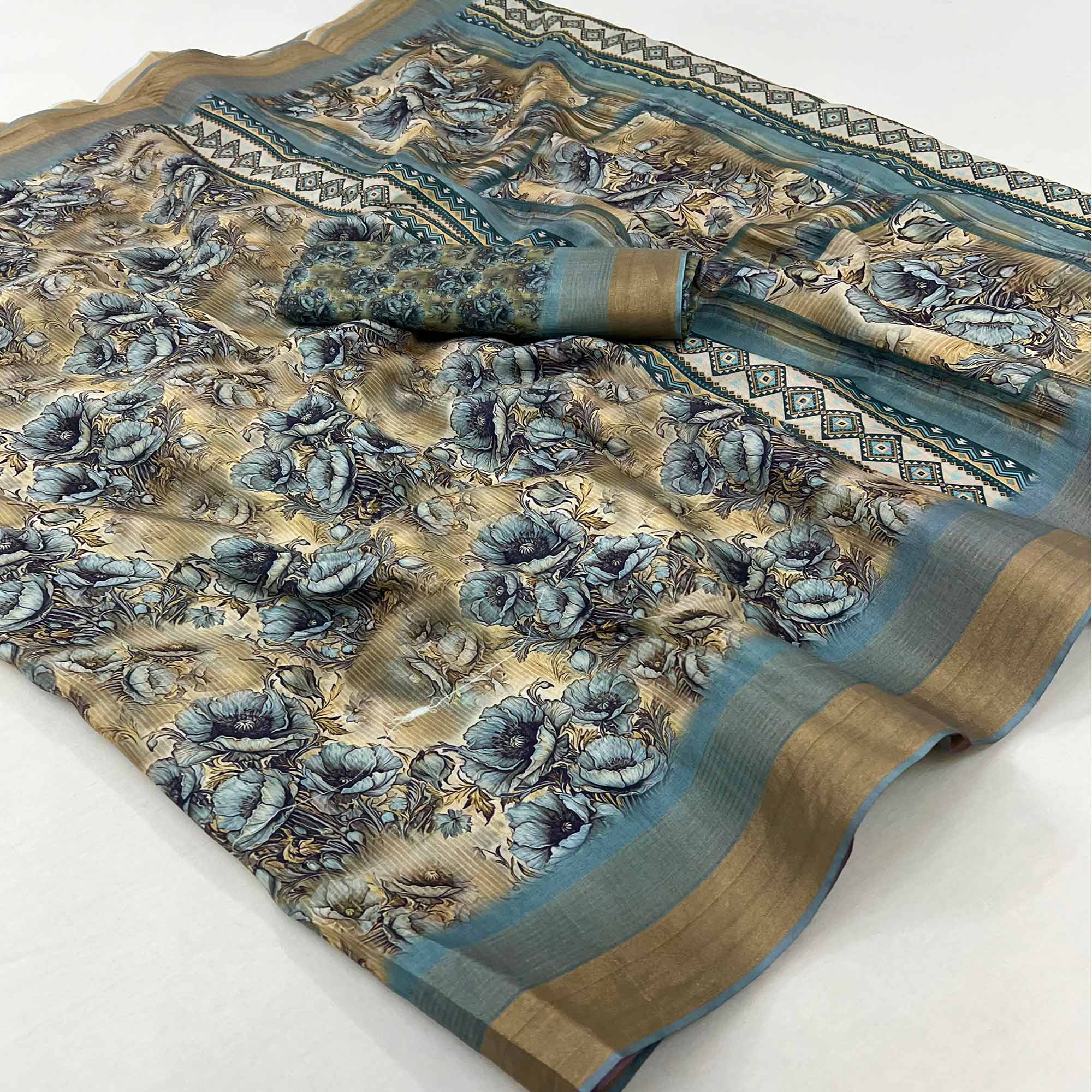 Green Digital Printed With Woven Border Cotton Silk Saree