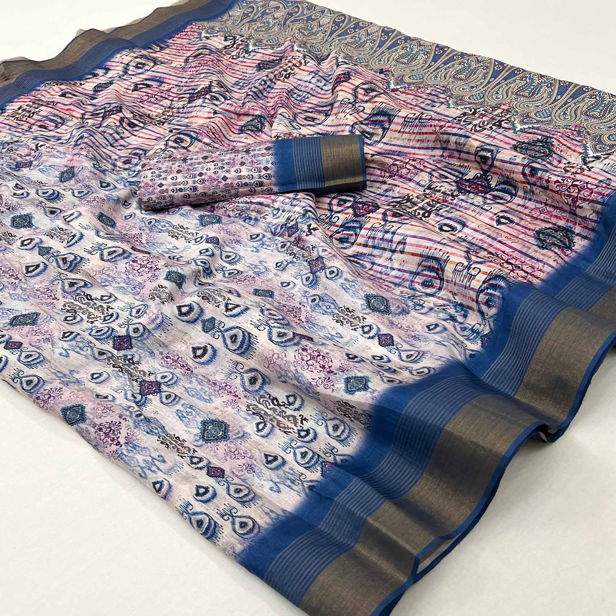 White & Blue Digital Printed With Woven Border Cotton Silk Saree