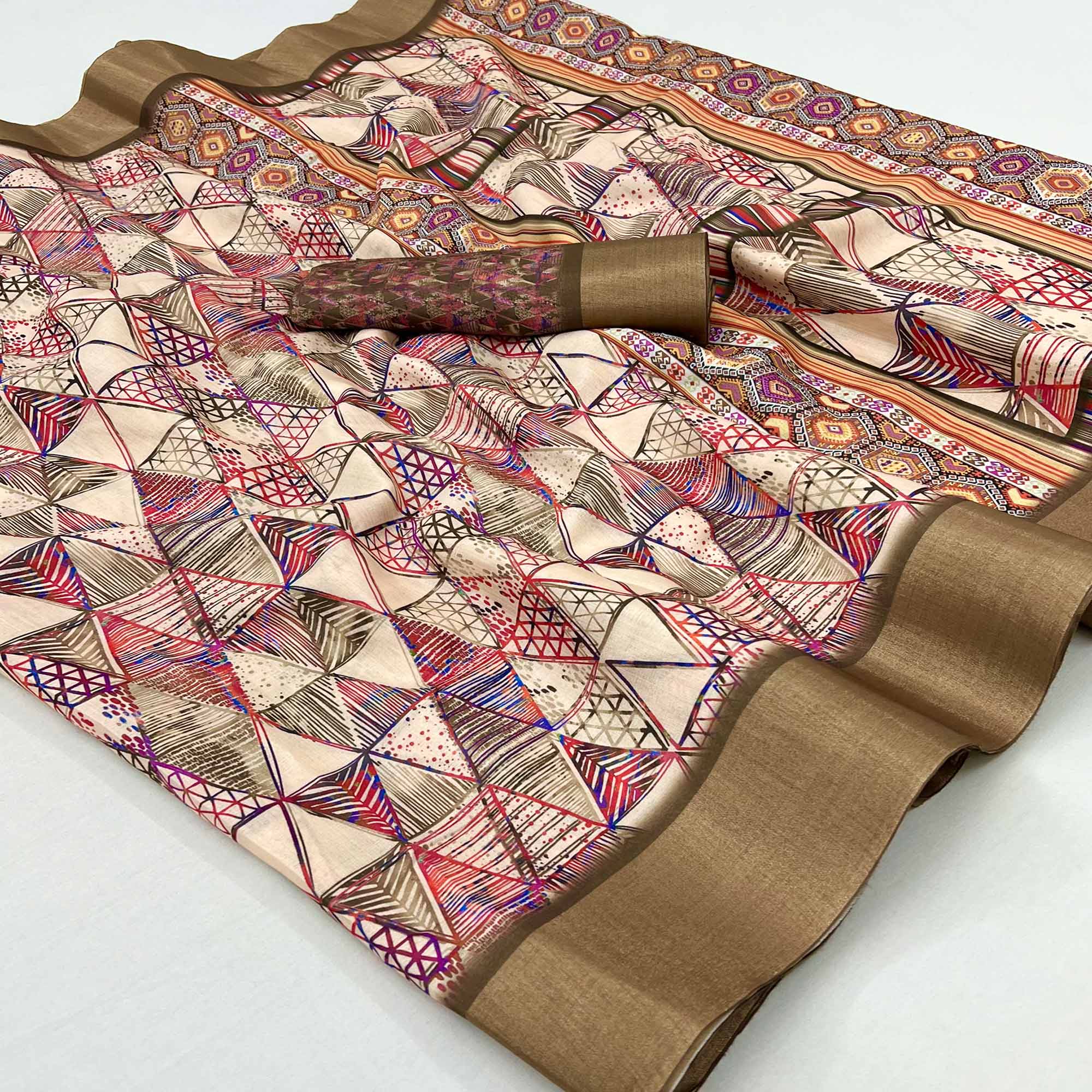 Beige Digital Printed With Woven Border Cotton Silk Saree