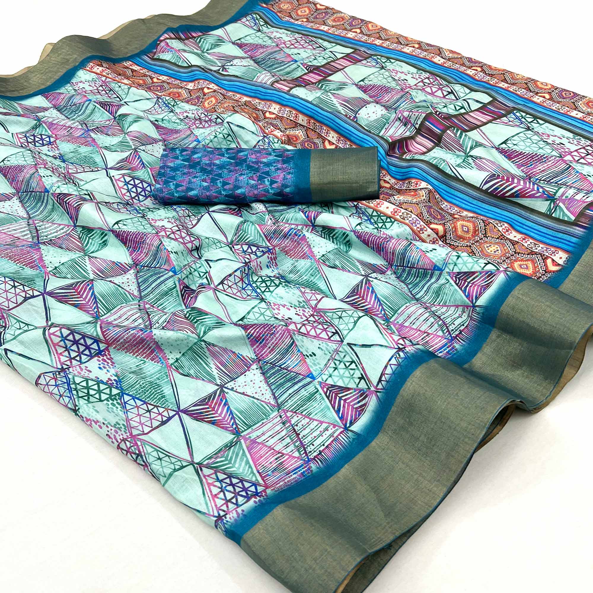 Turquoise Digital Printed With Woven Border Cotton Silk Saree