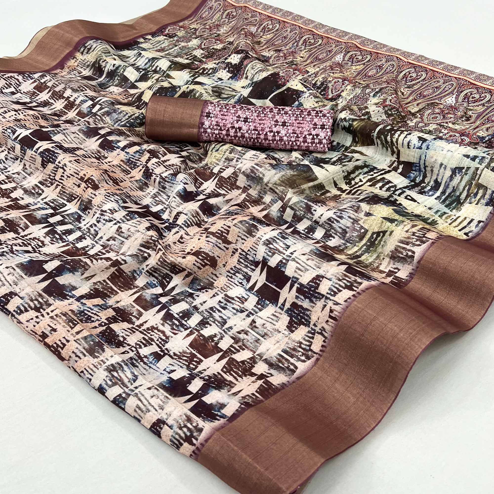Brown Digital Printed With Woven Border Cotton Silk Saree