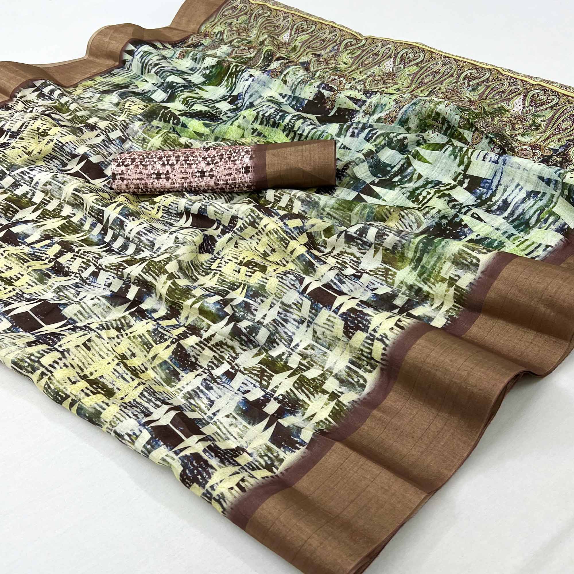Multicolor Digital Printed With Woven Border Cotton Silk Saree