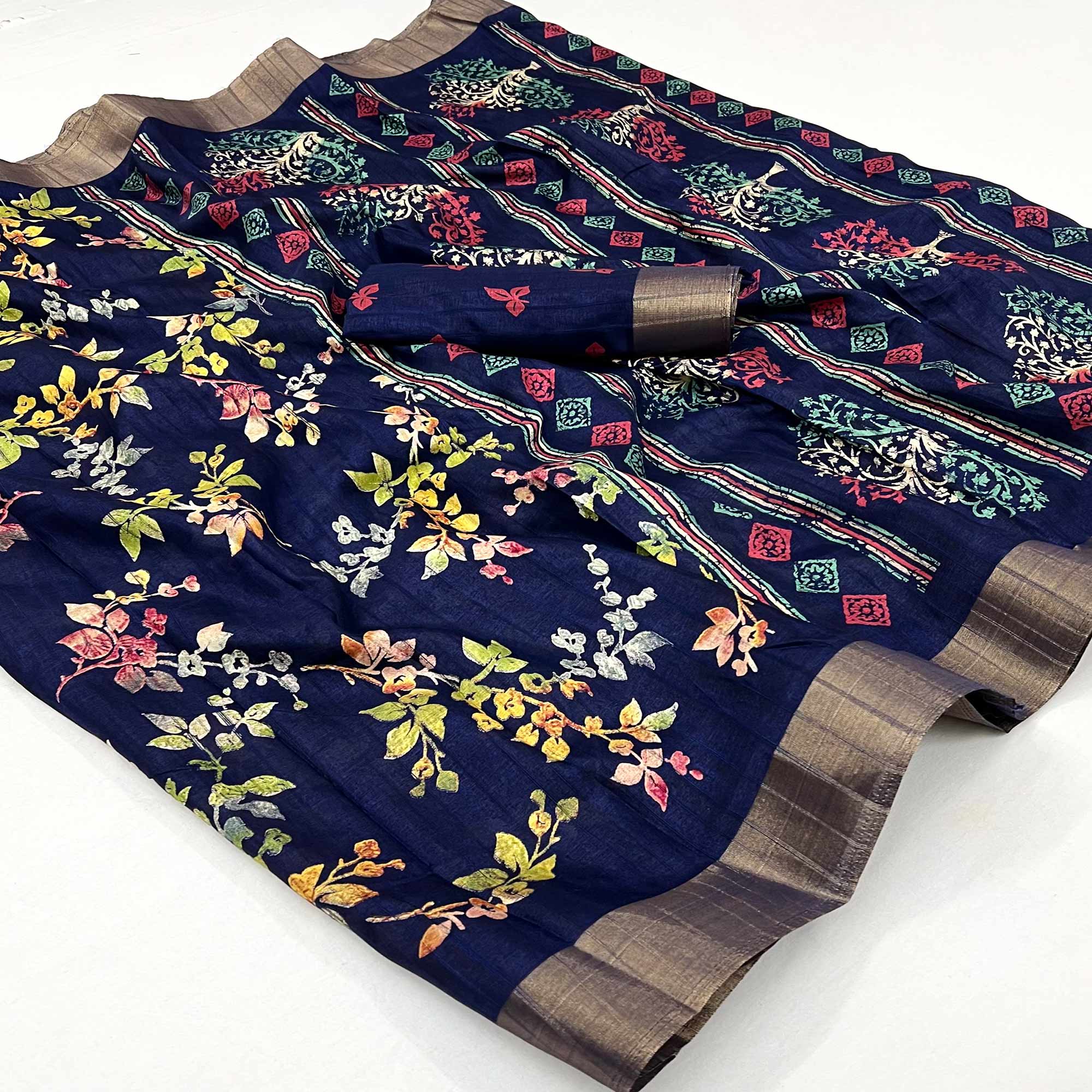 Blue Floral Printed Cotton Silk Saree