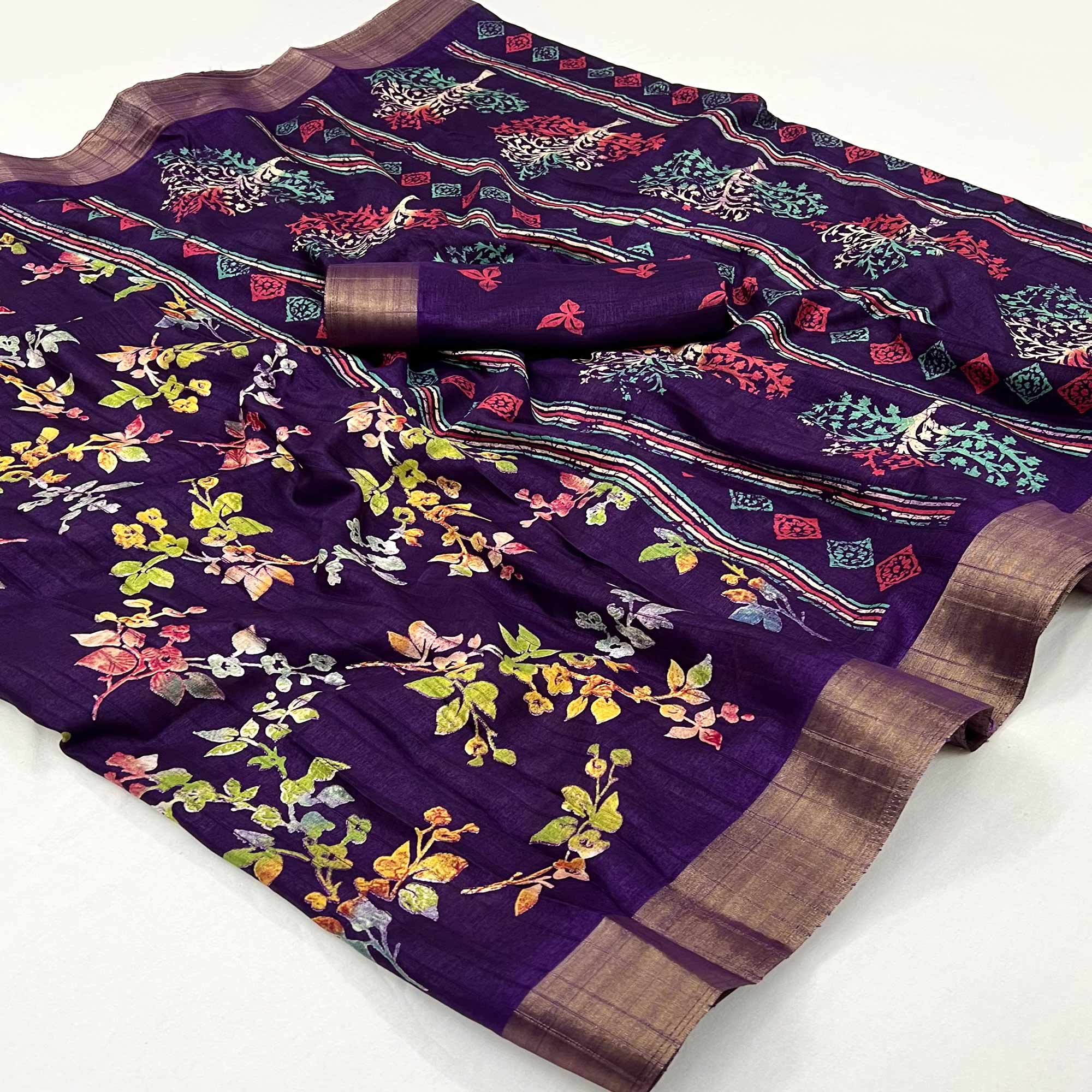 Purple Floral Printed Cotton Silk Saree