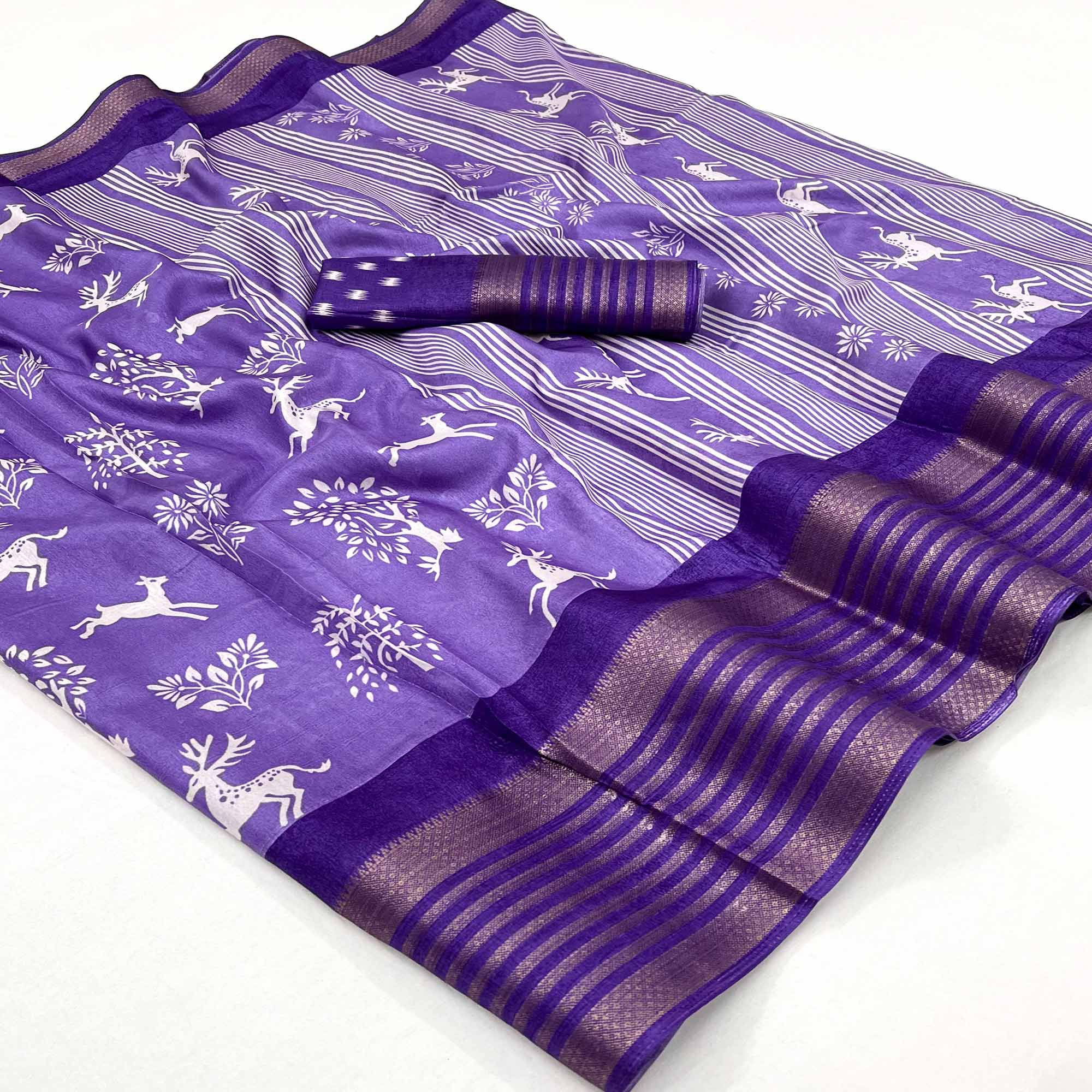 Purple Printed Dola Silk Saree With Woven Border