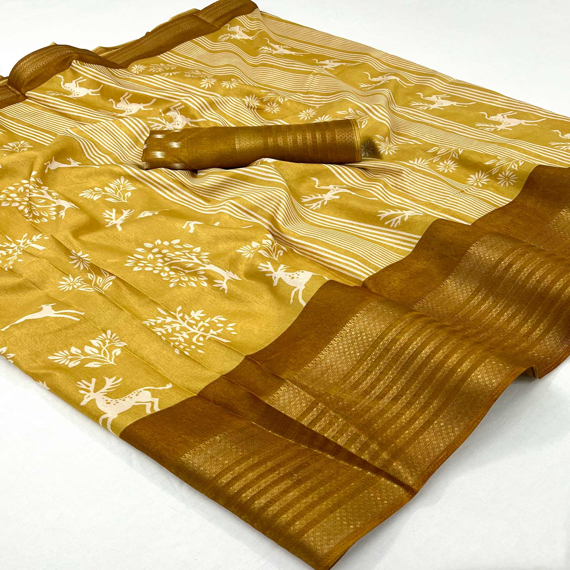 Mustard Printed Dola Silk Saree With Woven Border