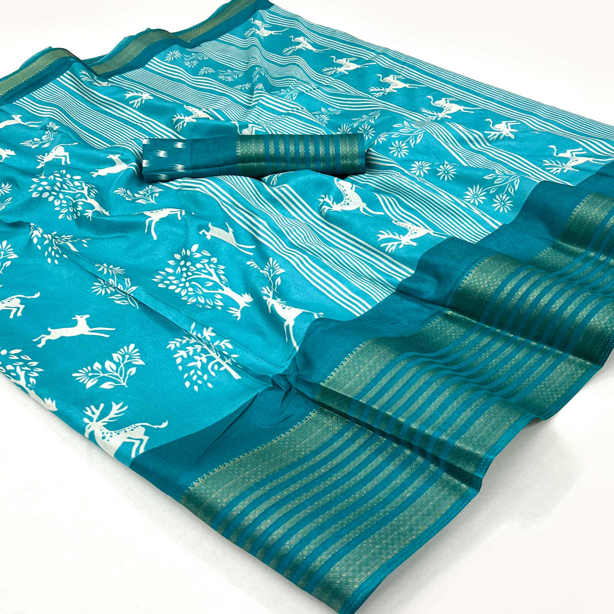 Blue Printed Dola Silk Saree With Woven Border