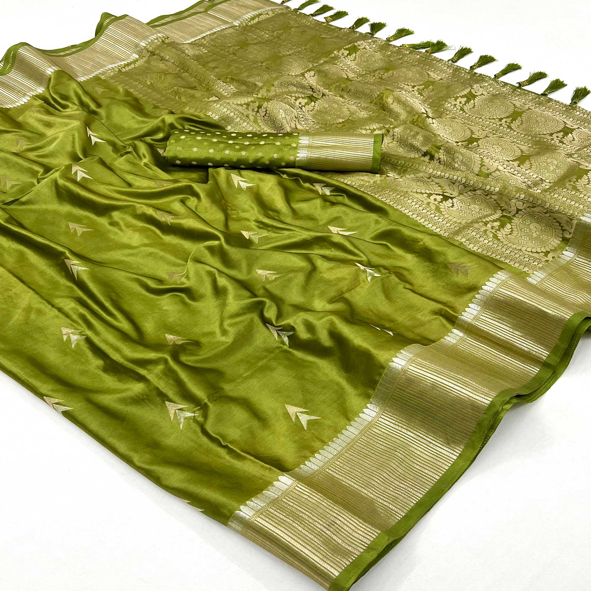 Green Woven Satin Silk Saree With Tassels