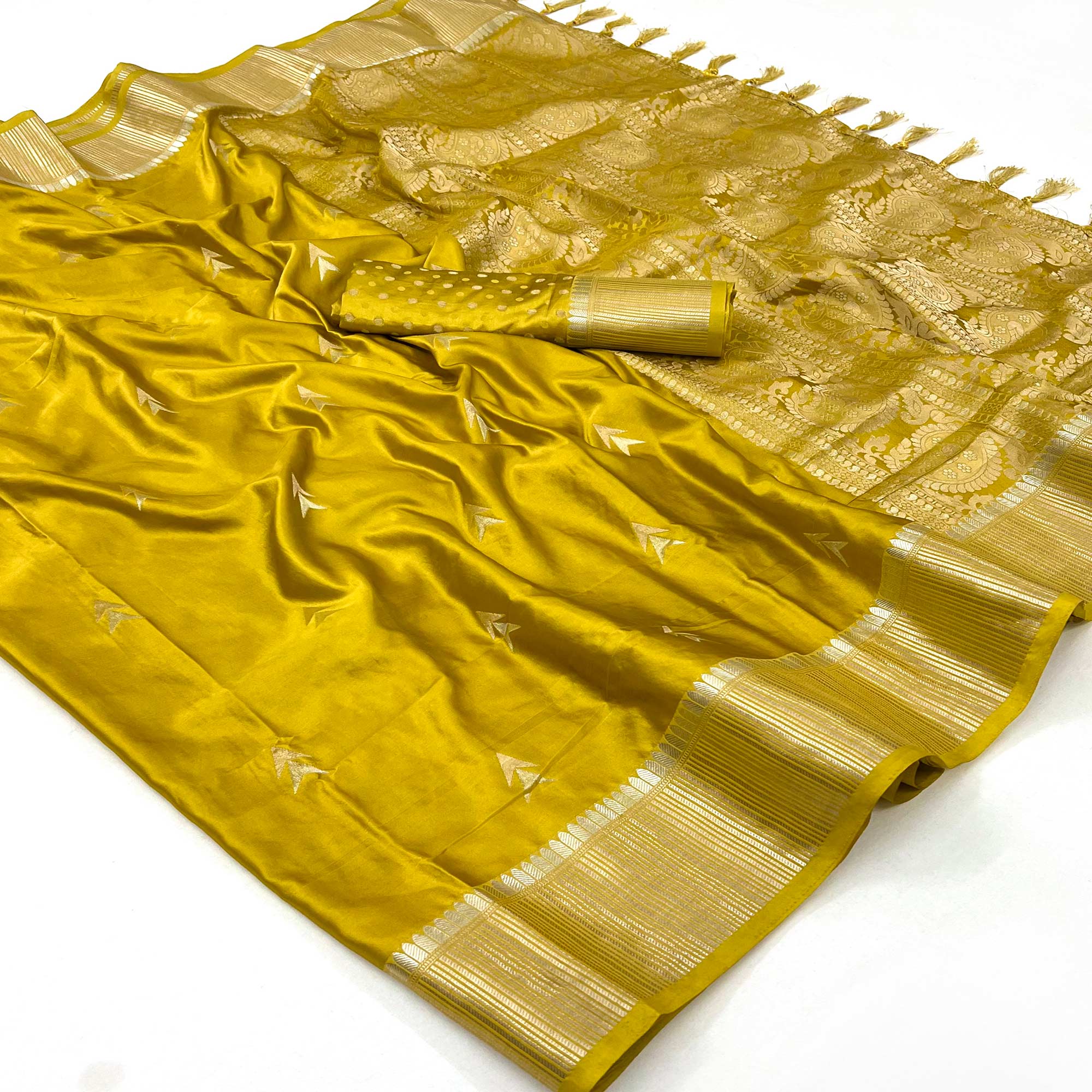 Lemon Yellow Woven Satin Silk Saree With Tassels
