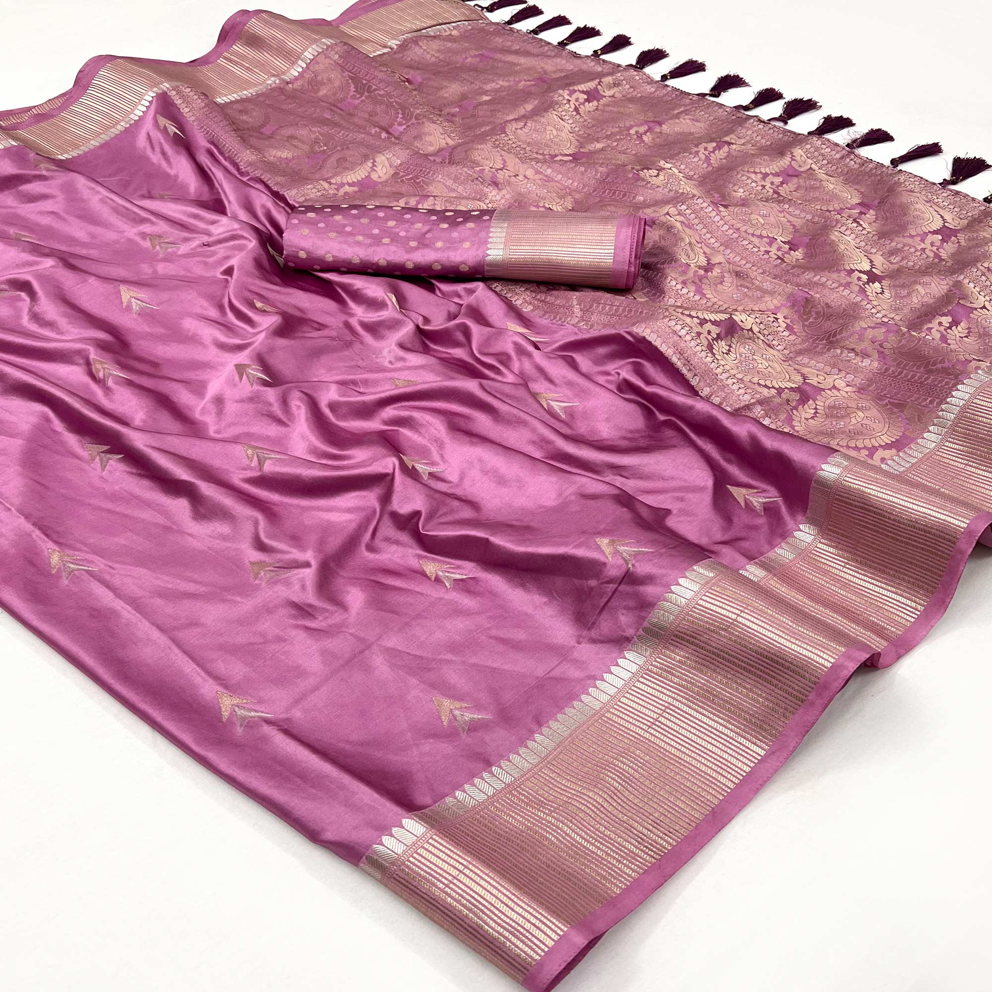 Pink Woven Satin Silk Saree With Tassels