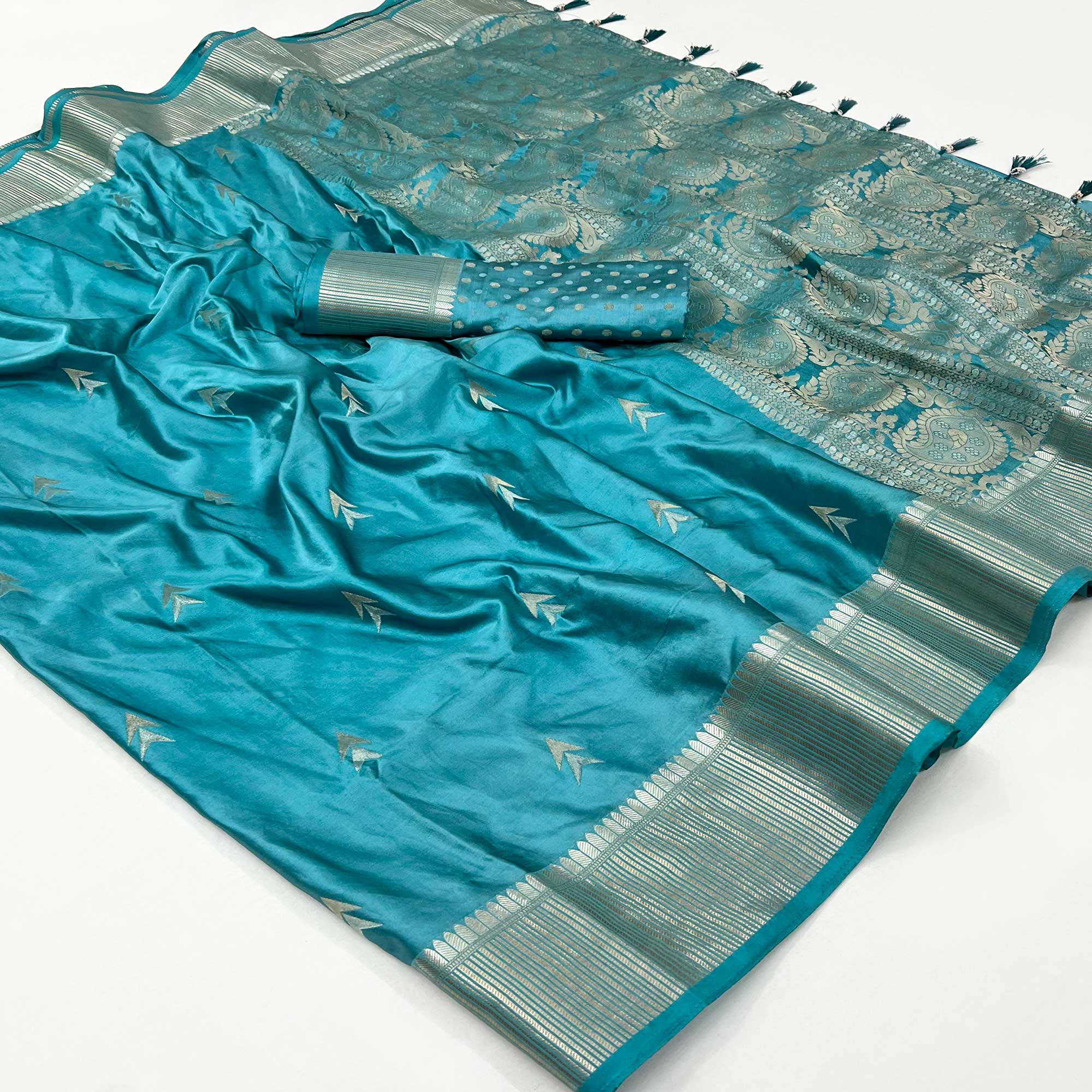 Blue Woven Satin Silk Saree With Tassels