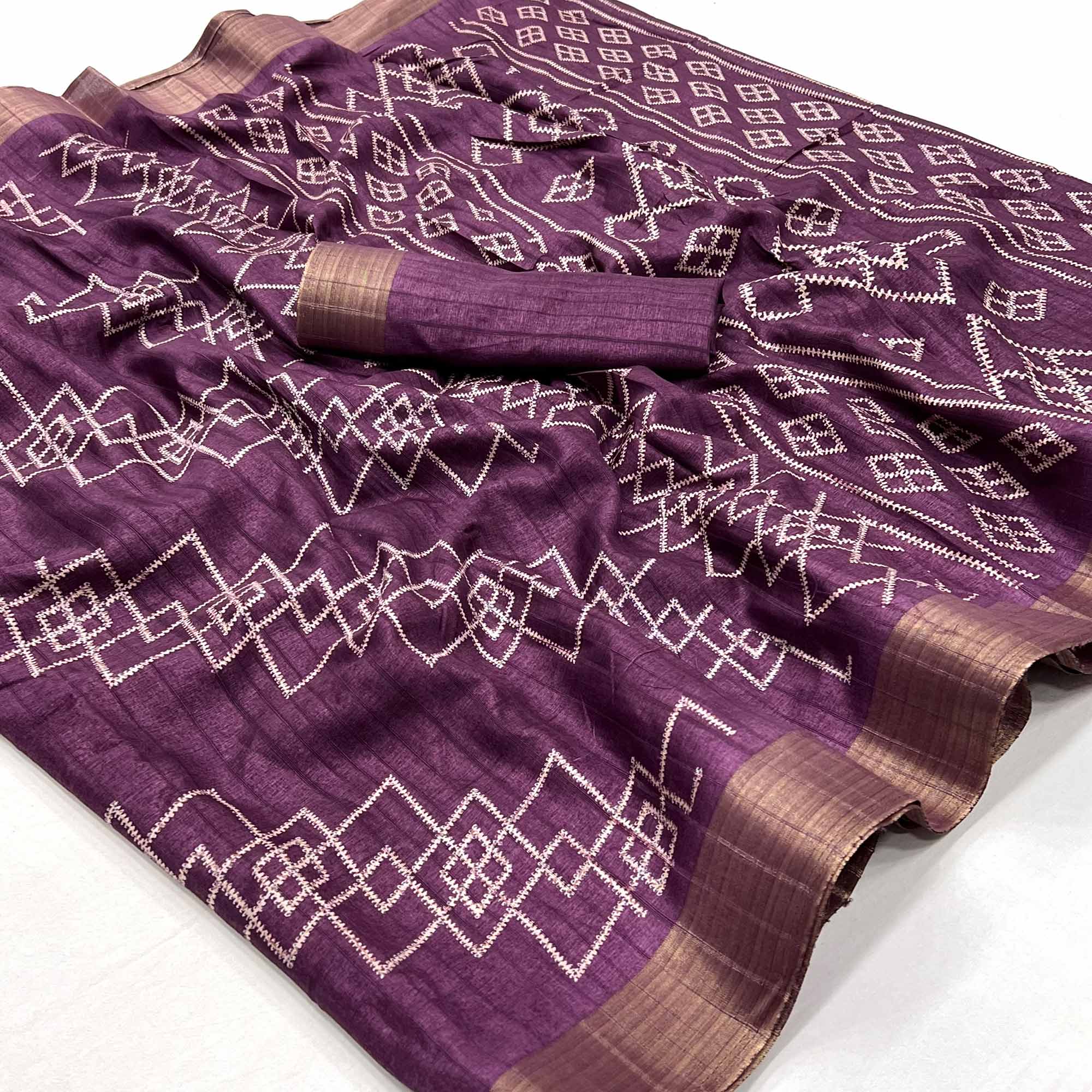 Wine Printed Cotton Blend Saree With Zari Border