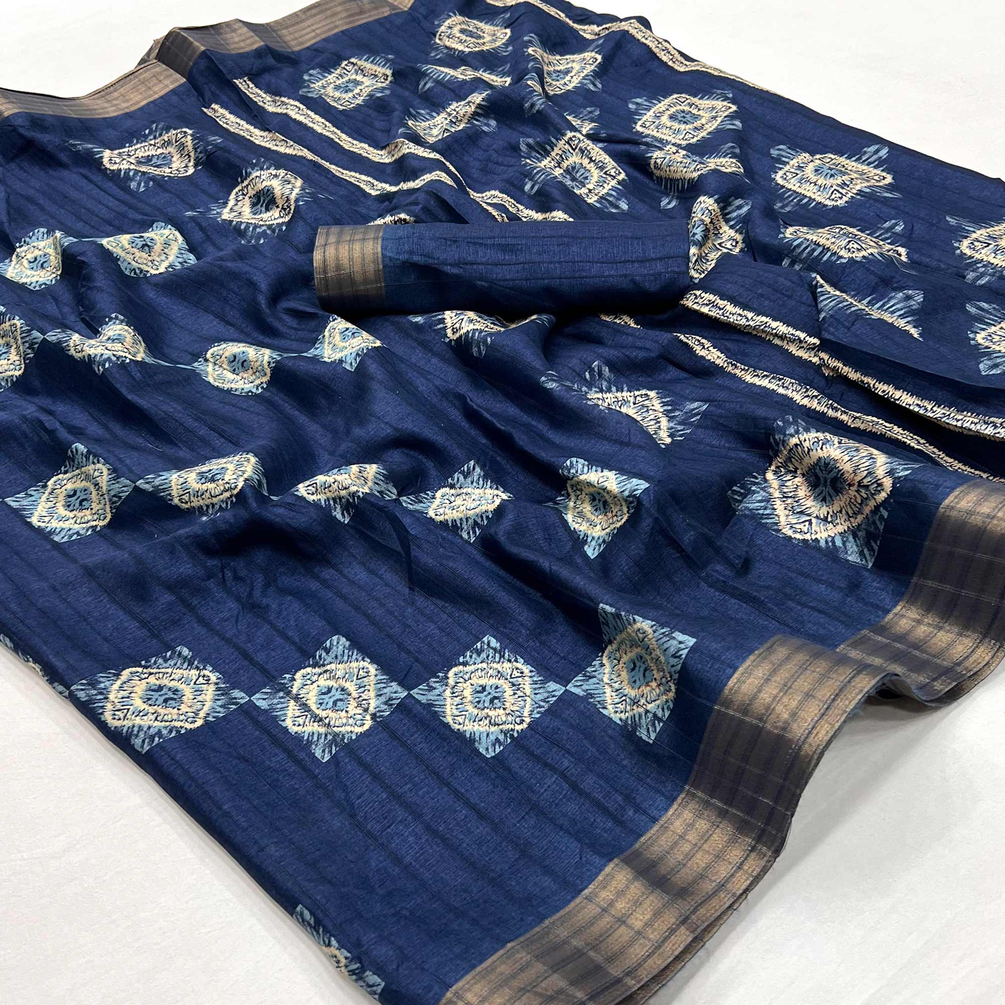 Blue Printed Cotton Blend Saree With Zari Border