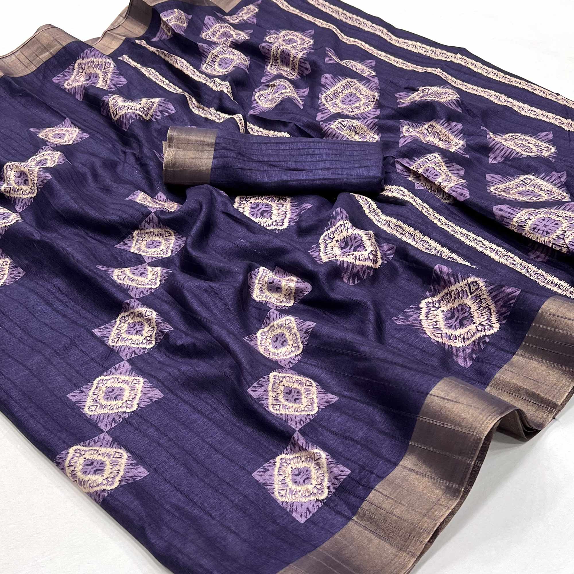 Purple Printed Cotton Blend Saree With Zari Border