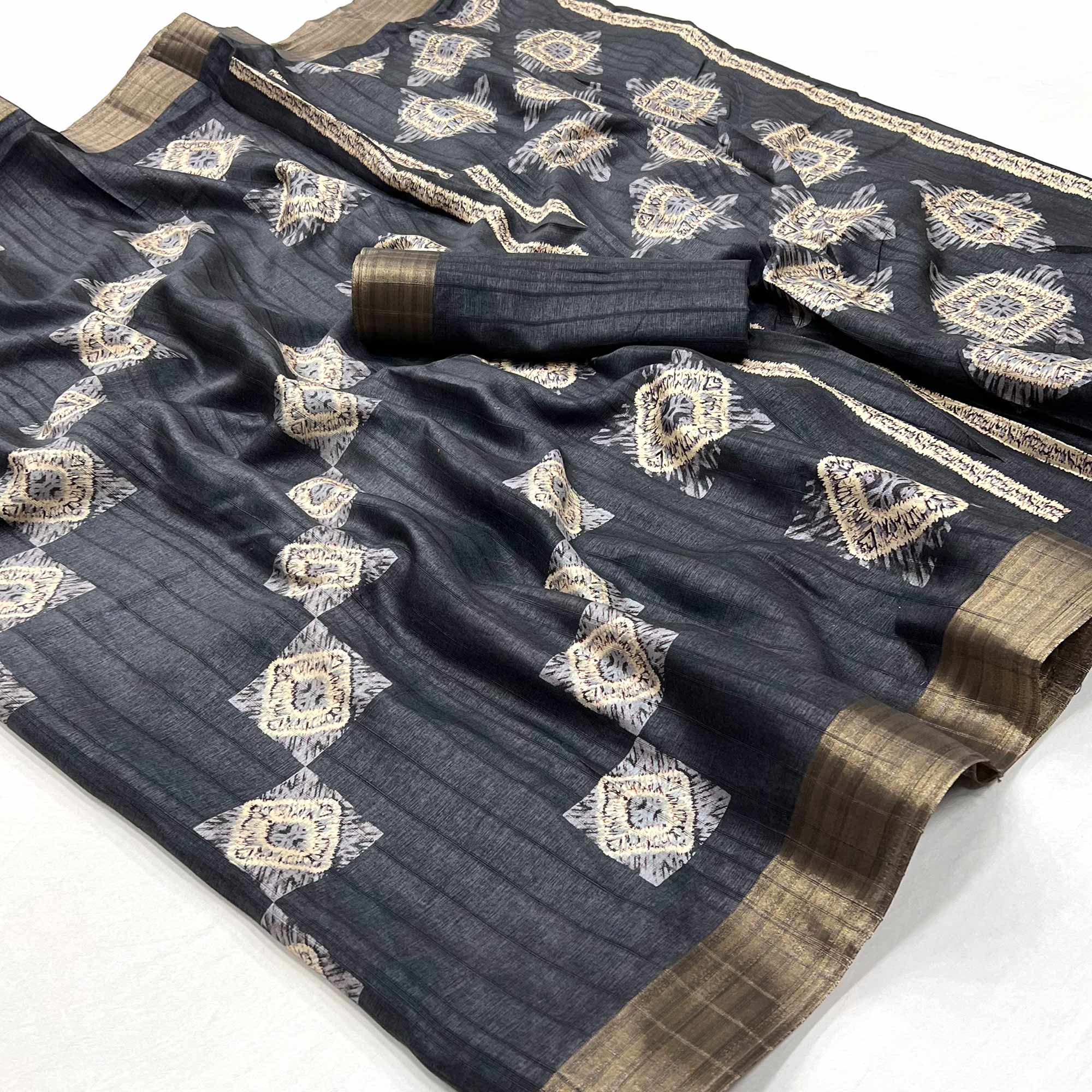 Grey Printed Cotton Blend Saree With Zari Border