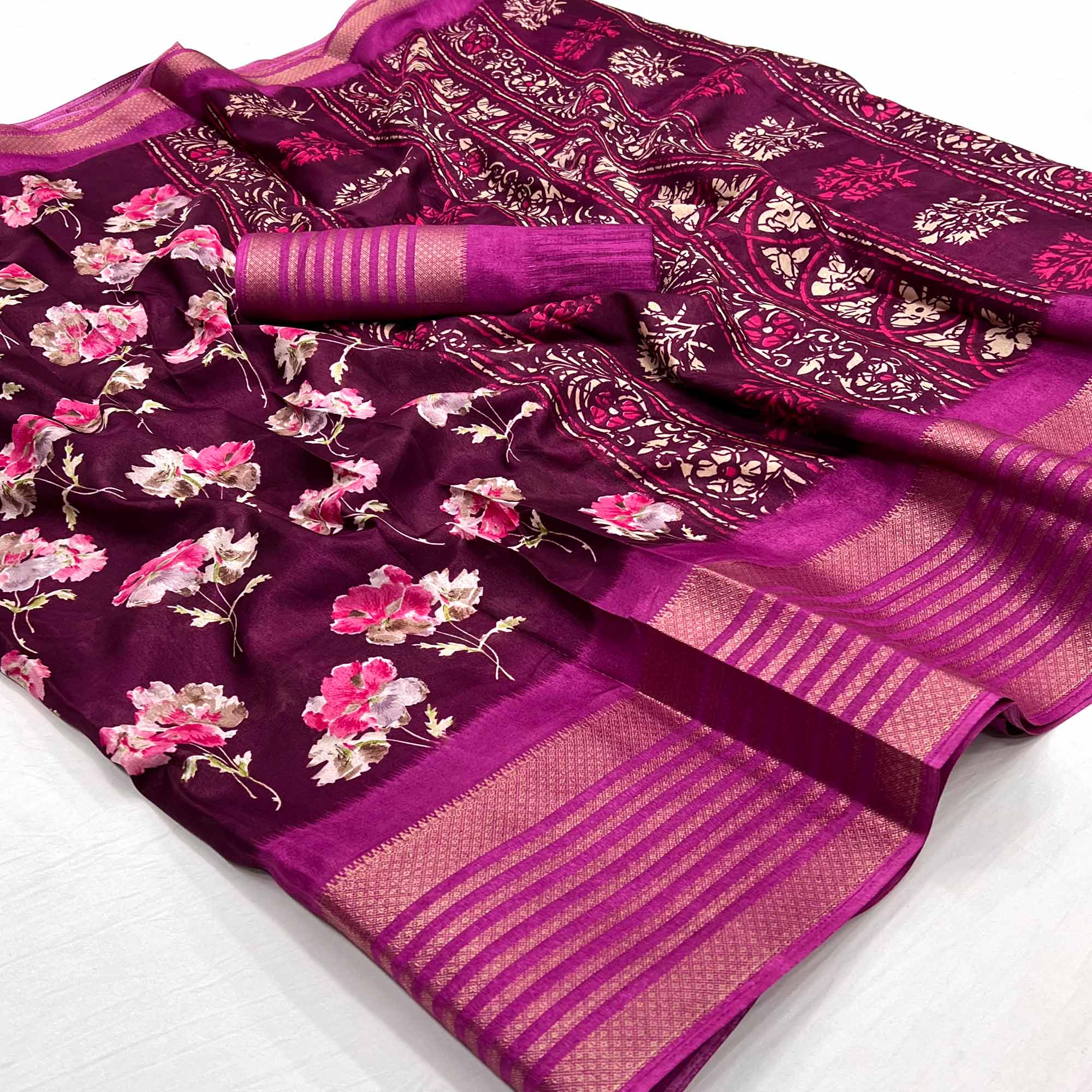 Wine Floral Printed Dola Silk Saree With Woven Border