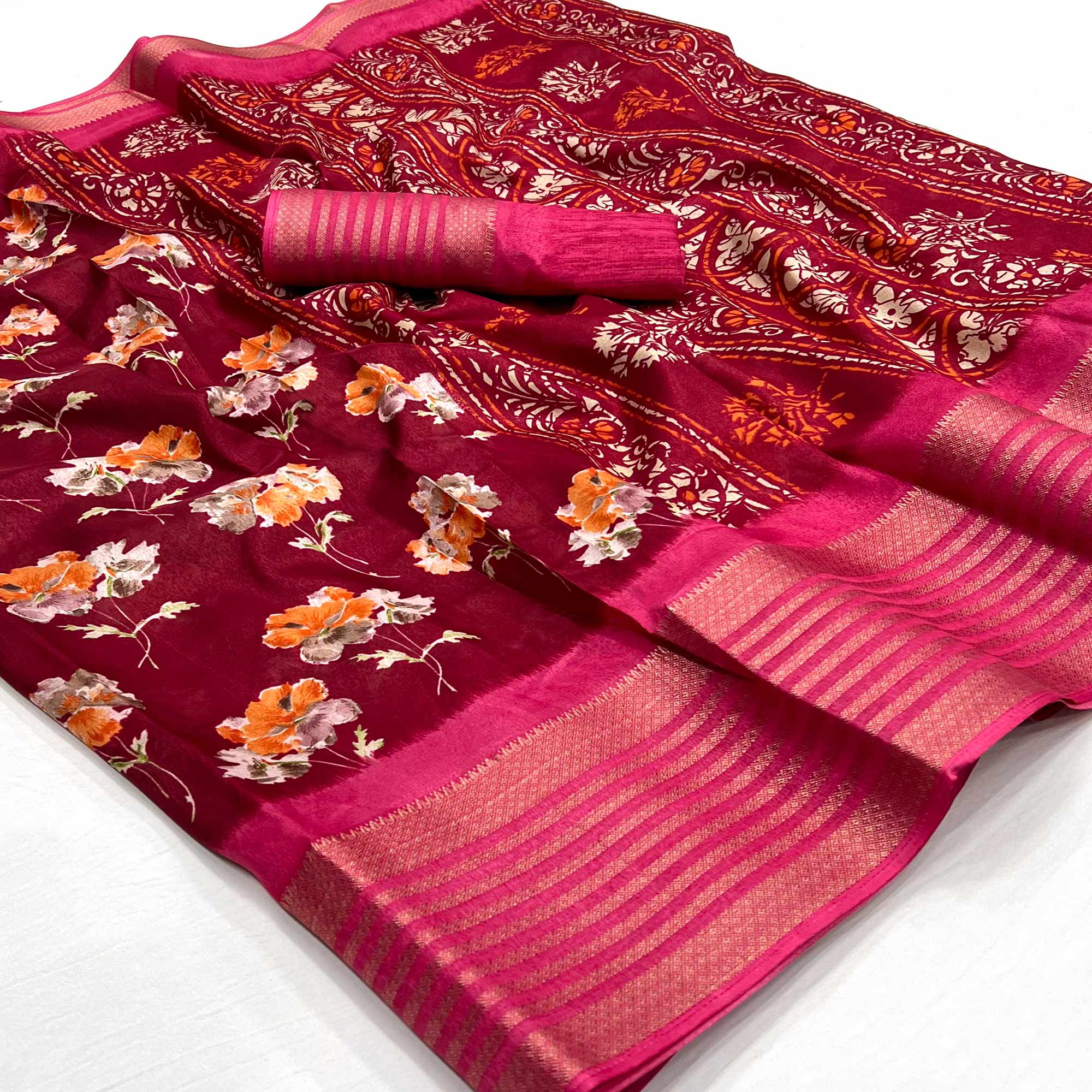 Maroon Floral Printed Dola Silk Saree With Woven Border