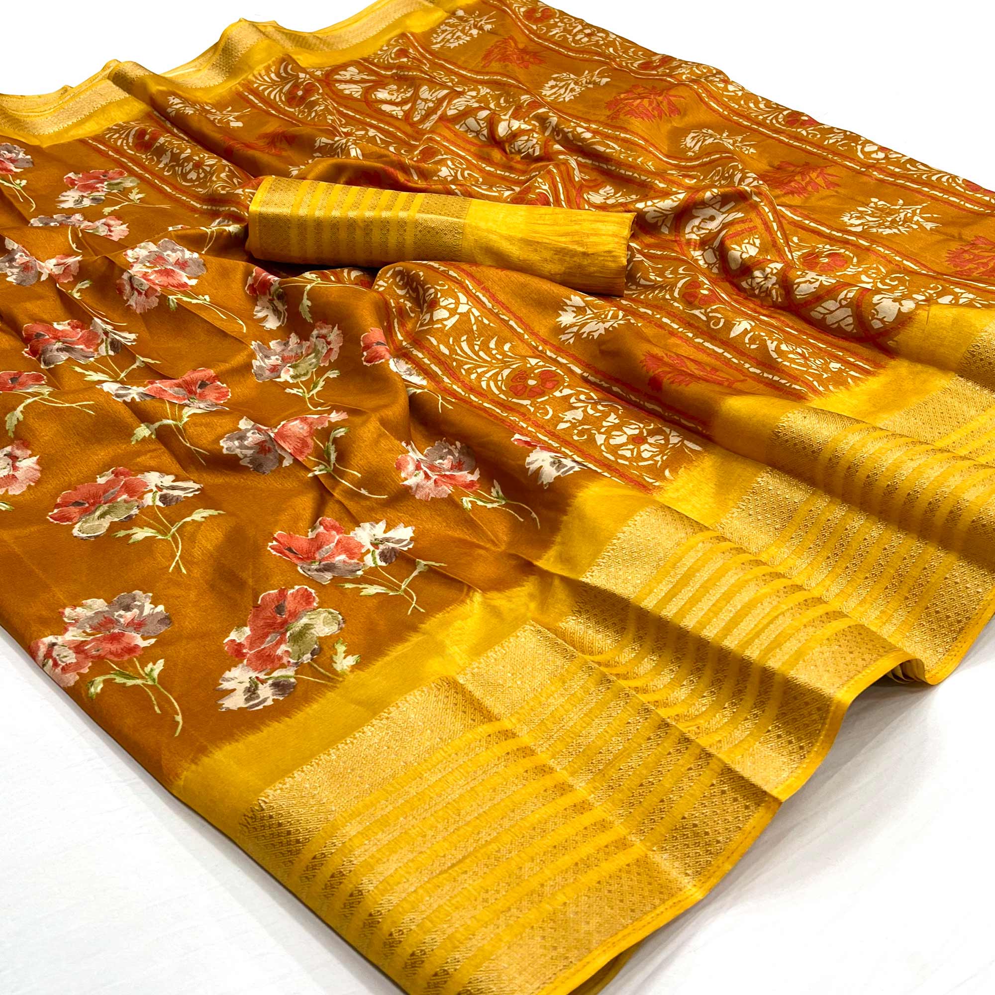 Mustard Floral Printed Dola Silk Saree With Woven Border