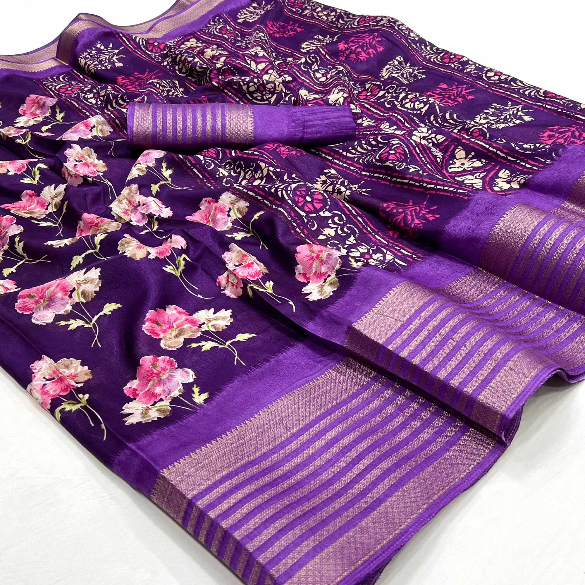 Purple Floral Printed Dola Silk Saree With Woven Border