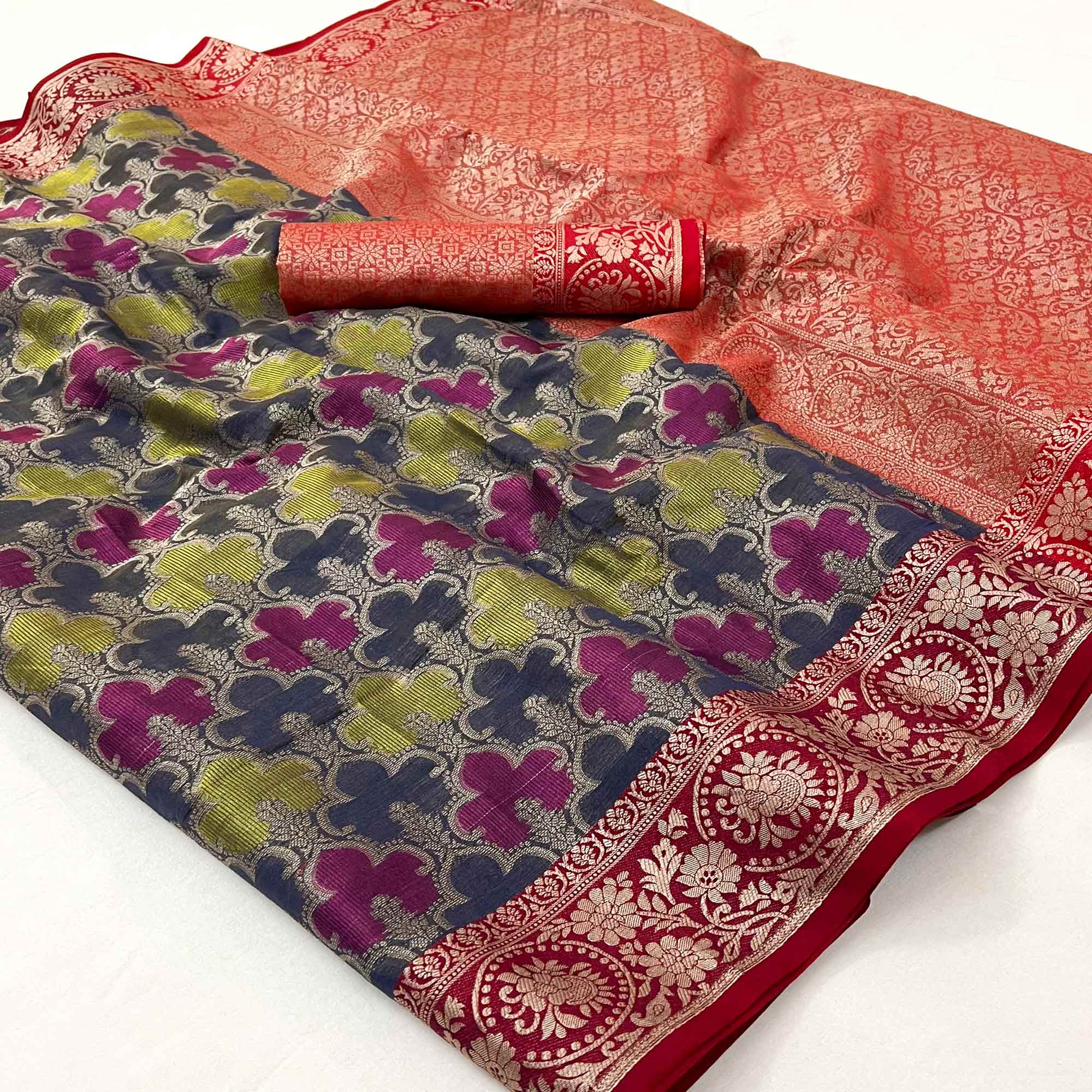 Blue & Red Floral Woven Organza Saree