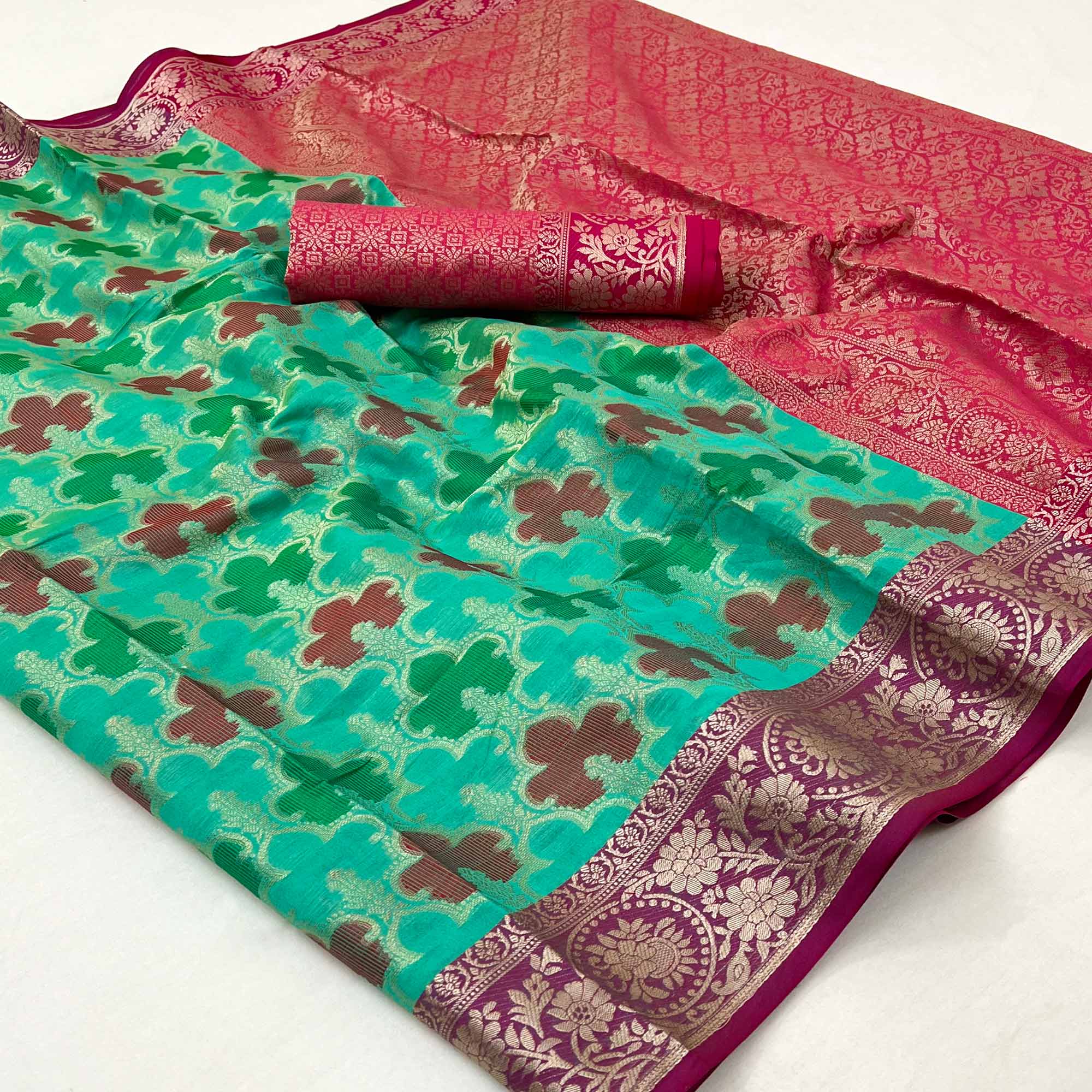 Rama Green & Rani Pink Floral Woven Organza Saree
