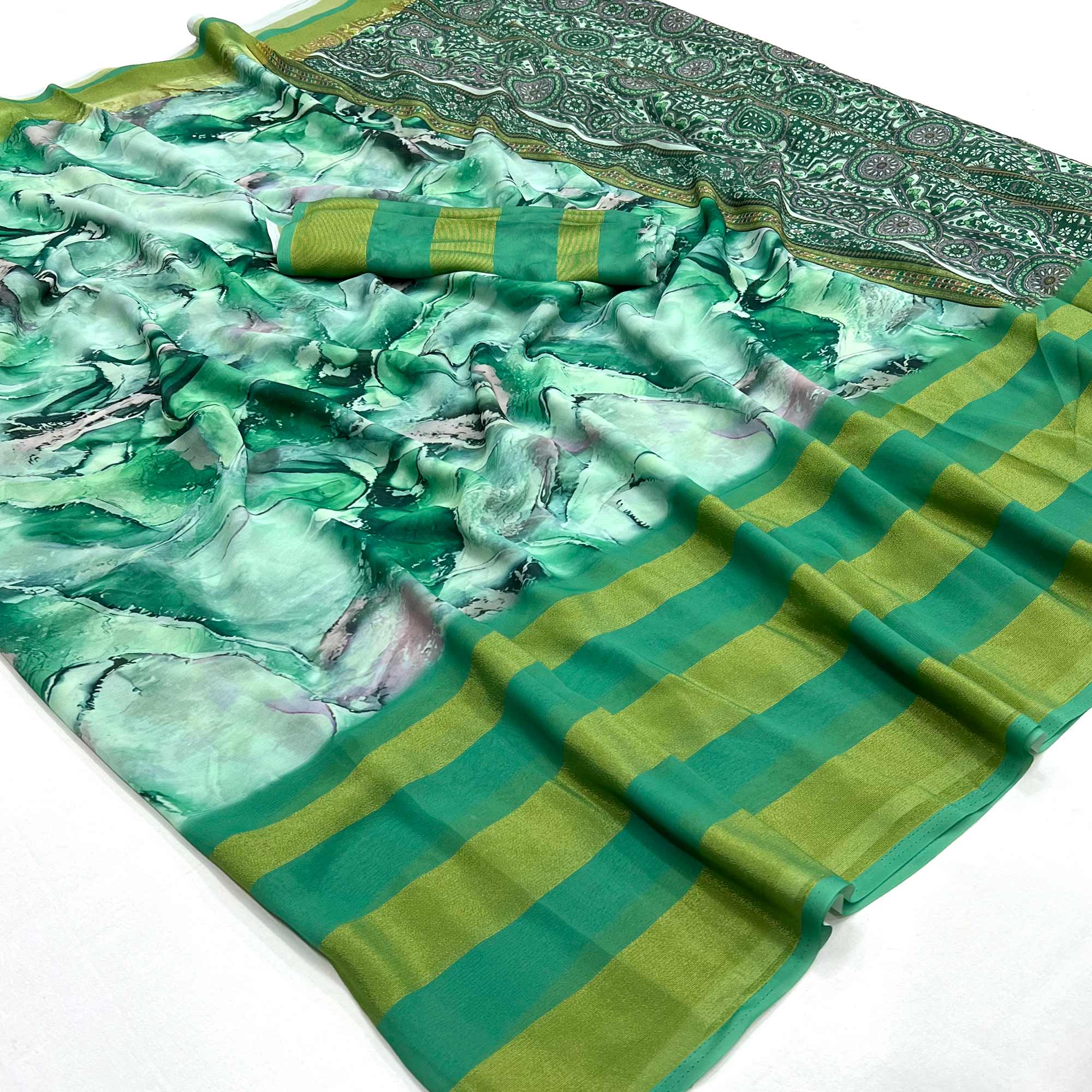 Rama Green Digital Printed Viscose Saree