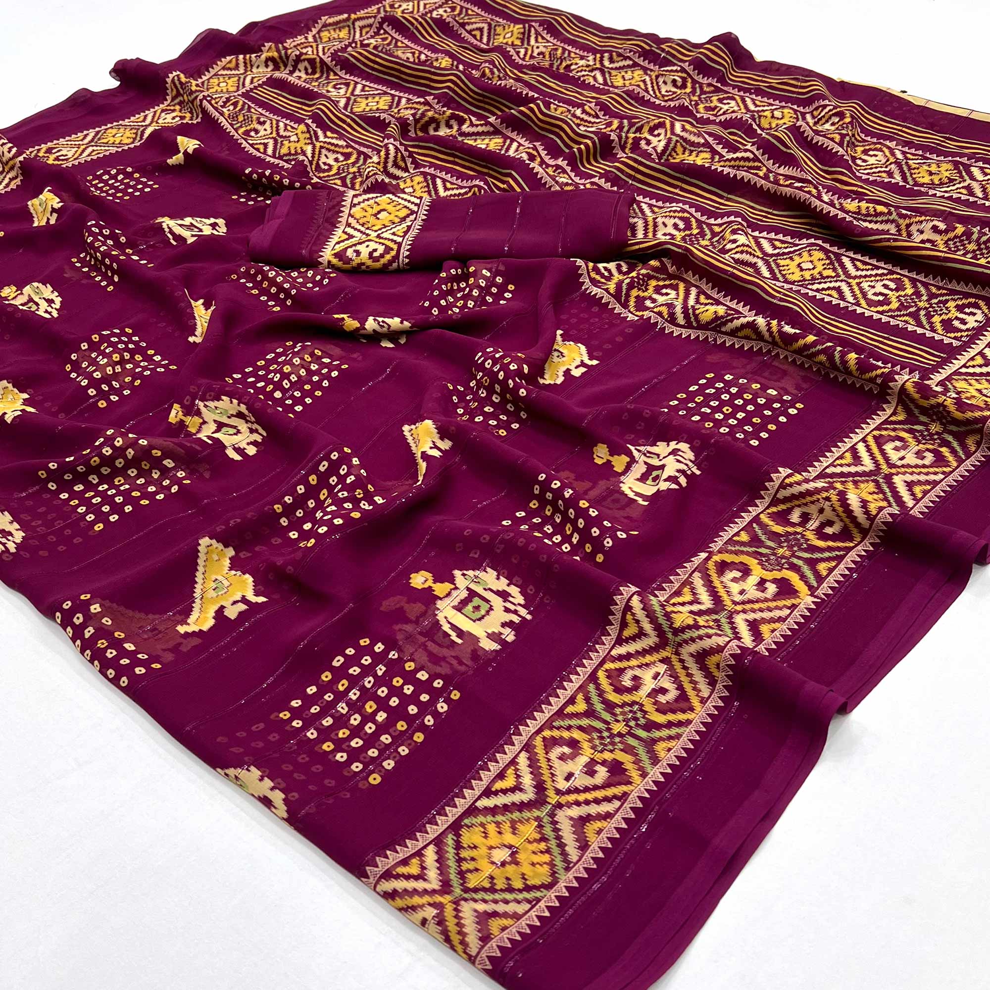 Wine Bandhani Printed With Sequins Work Georgette Saree
