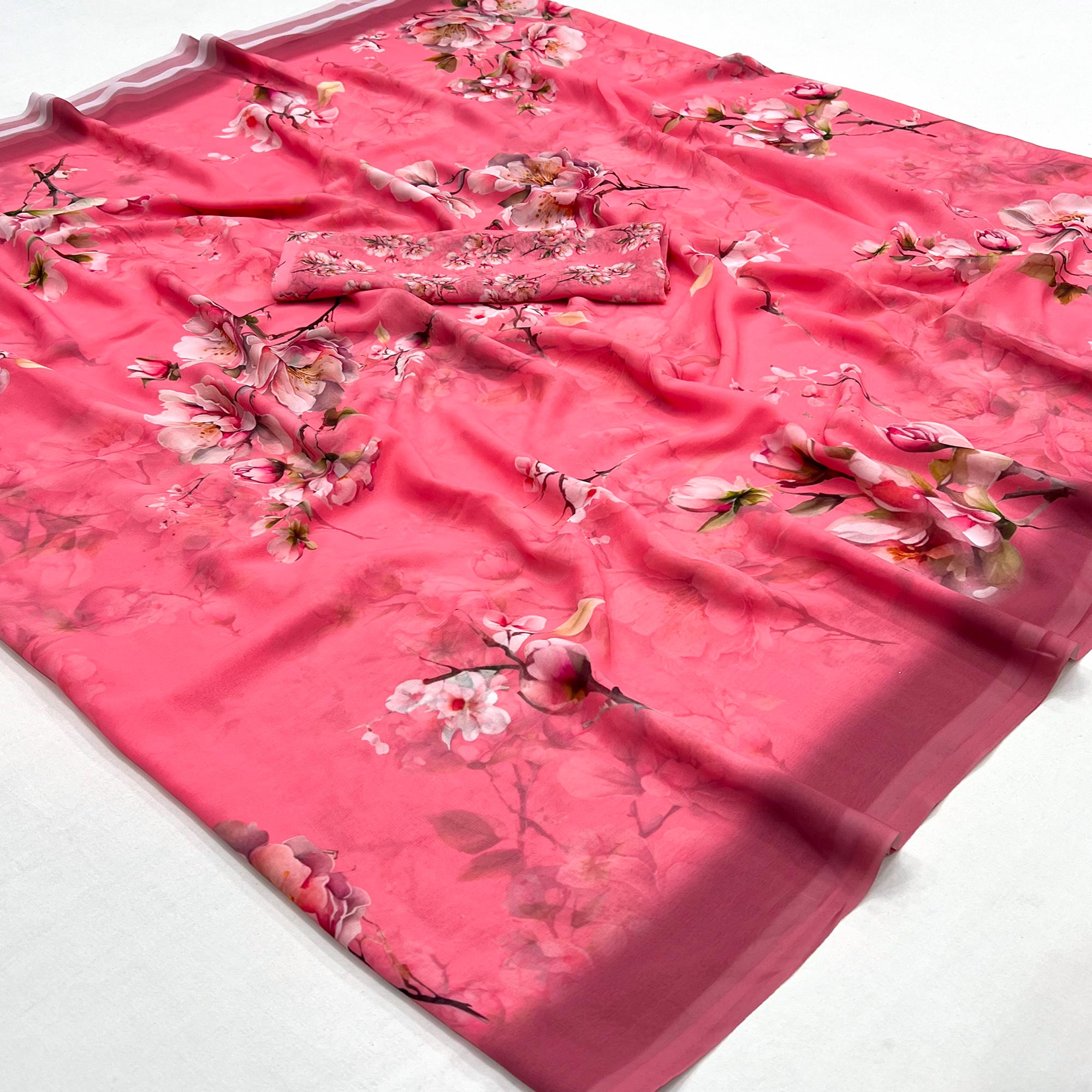 Pink Floral Digital Printed Georgette Saree