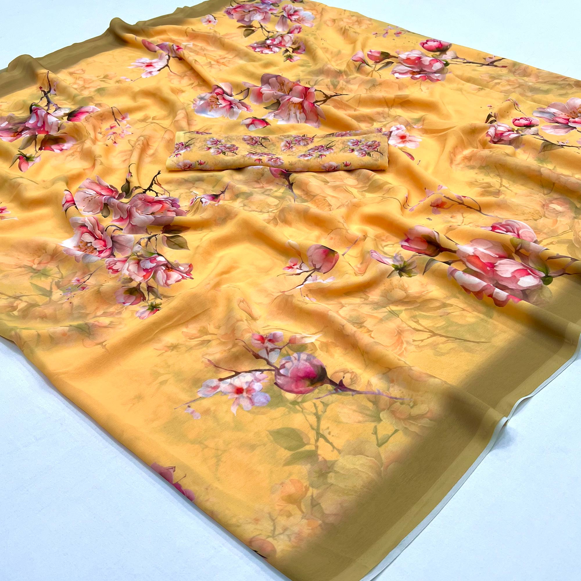 Yellow Floral Digital Printed Georgette Saree