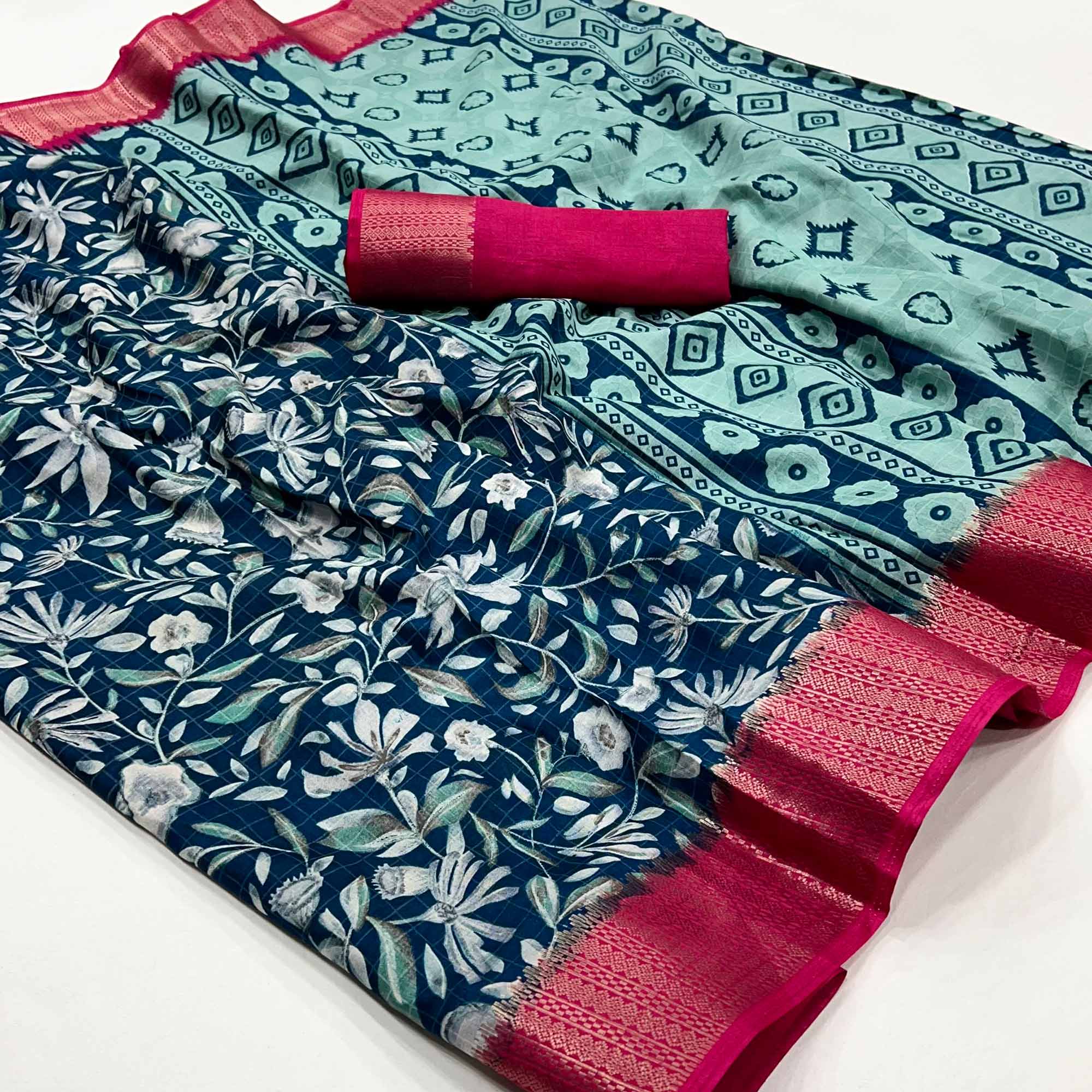 Blue Floral Printed Dola Silk Saree With Woven Border