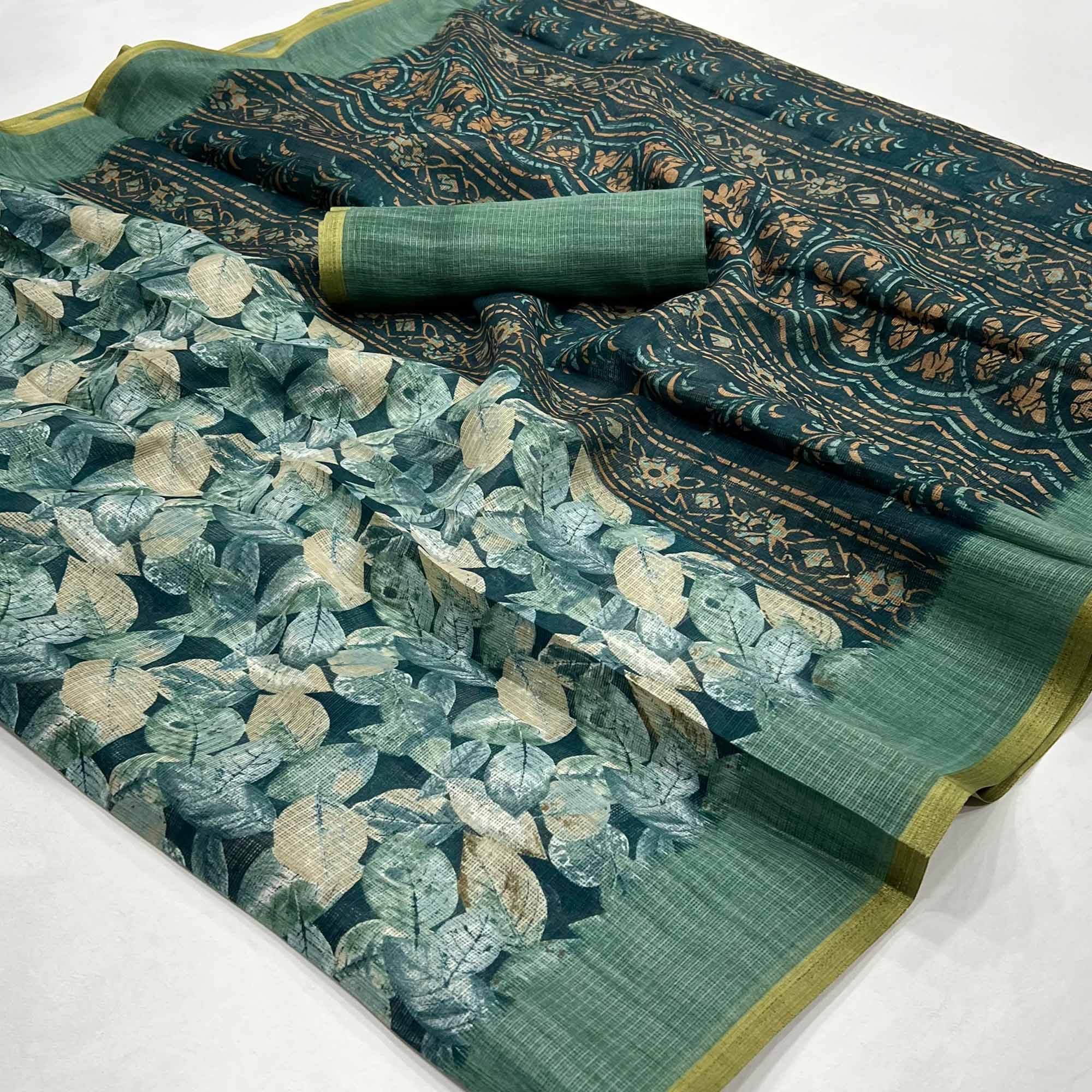 Green Digital Printed Cotton Blend Saree