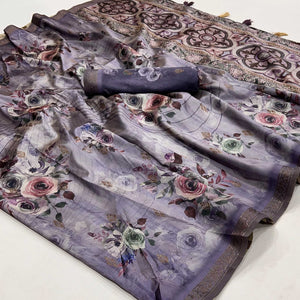 Light Purple Floral Digital Printed Cotton Silk Saree With Zari Border