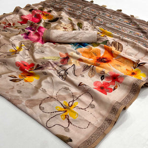 Chikoo Floral Digital Printed Cotton Silk Saree With Zari Border