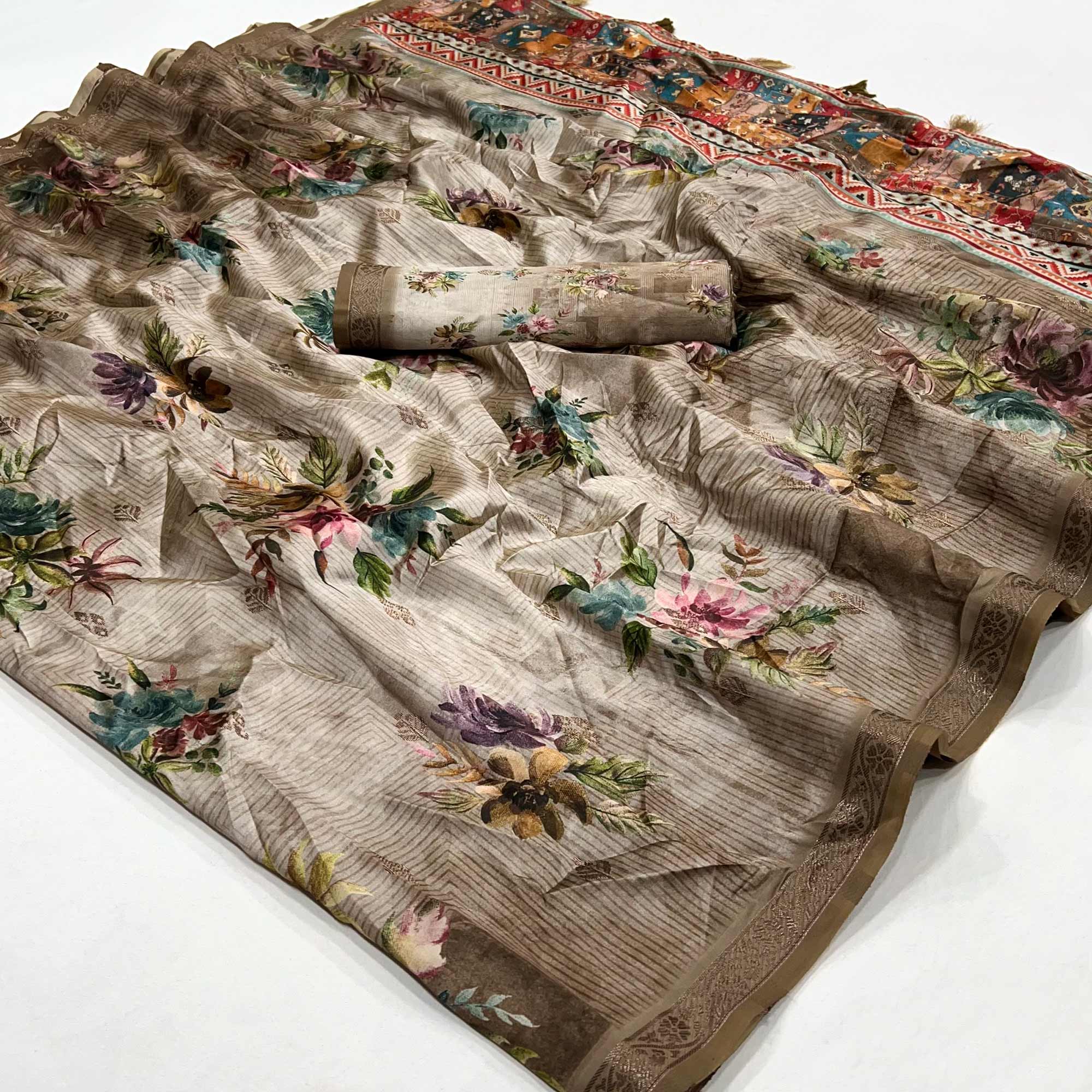 Brown Floral Digital Printed Cotton Silk Saree With Zari Border