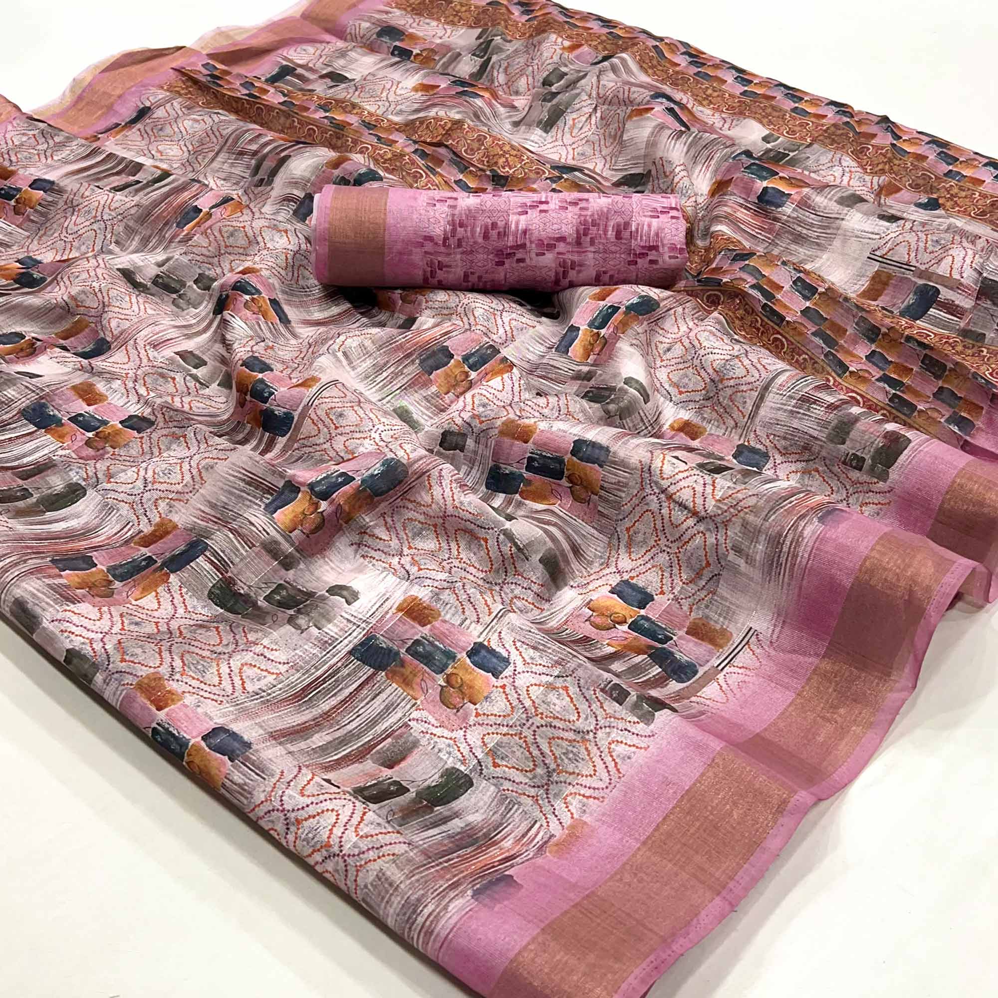 Pink Digital Printed Cotton Blend Saree With Woven Border