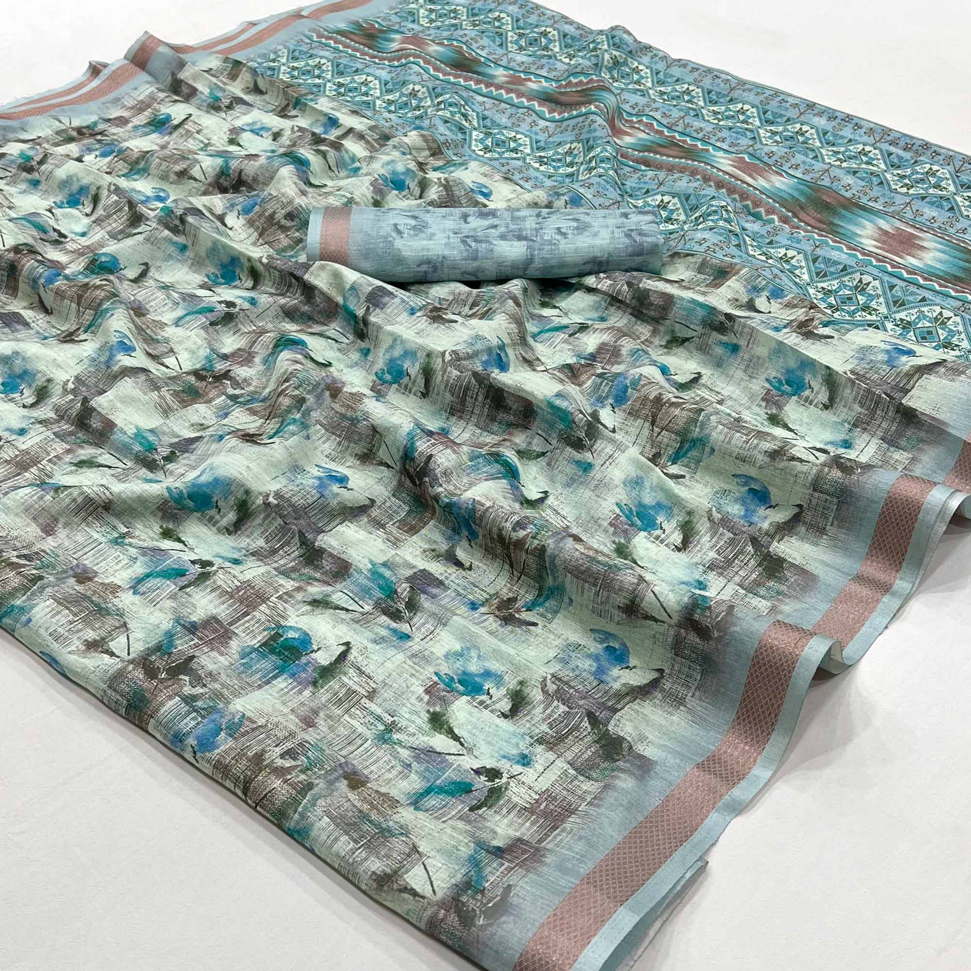 Blue Floral Digital Printed Cotton Blend Saree With Woven Border