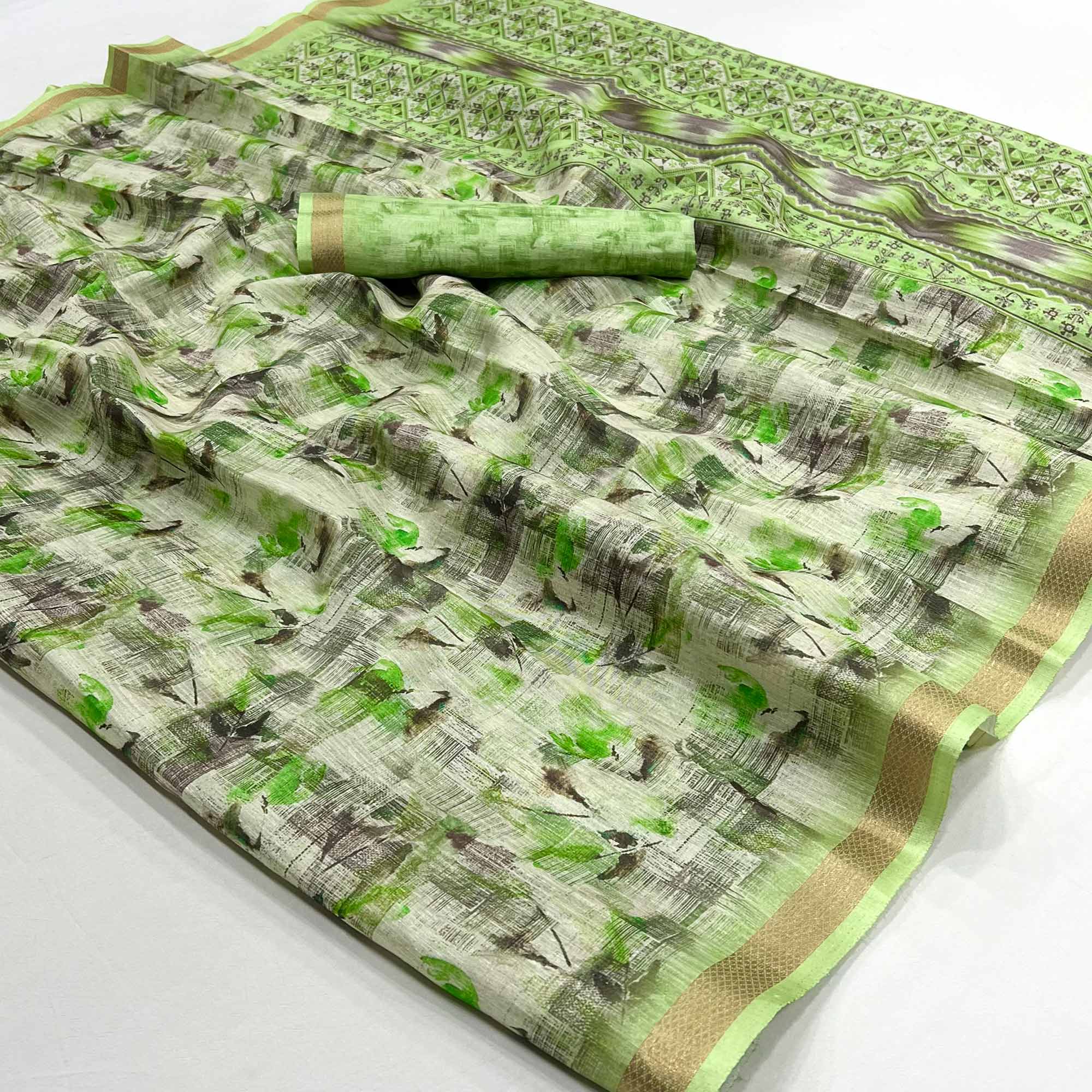 Green Floral Digital Printed Cotton Blend Saree With Woven Border