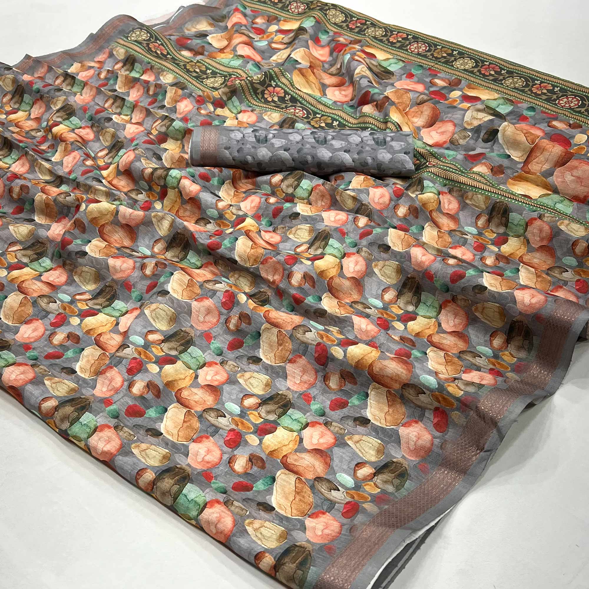 Grey Digital Printed Cotton Blend Saree With Woven Border