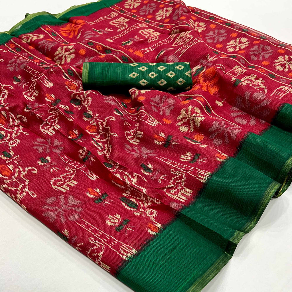 Rani Pink Printed Kota Doria Saree With Woven Border