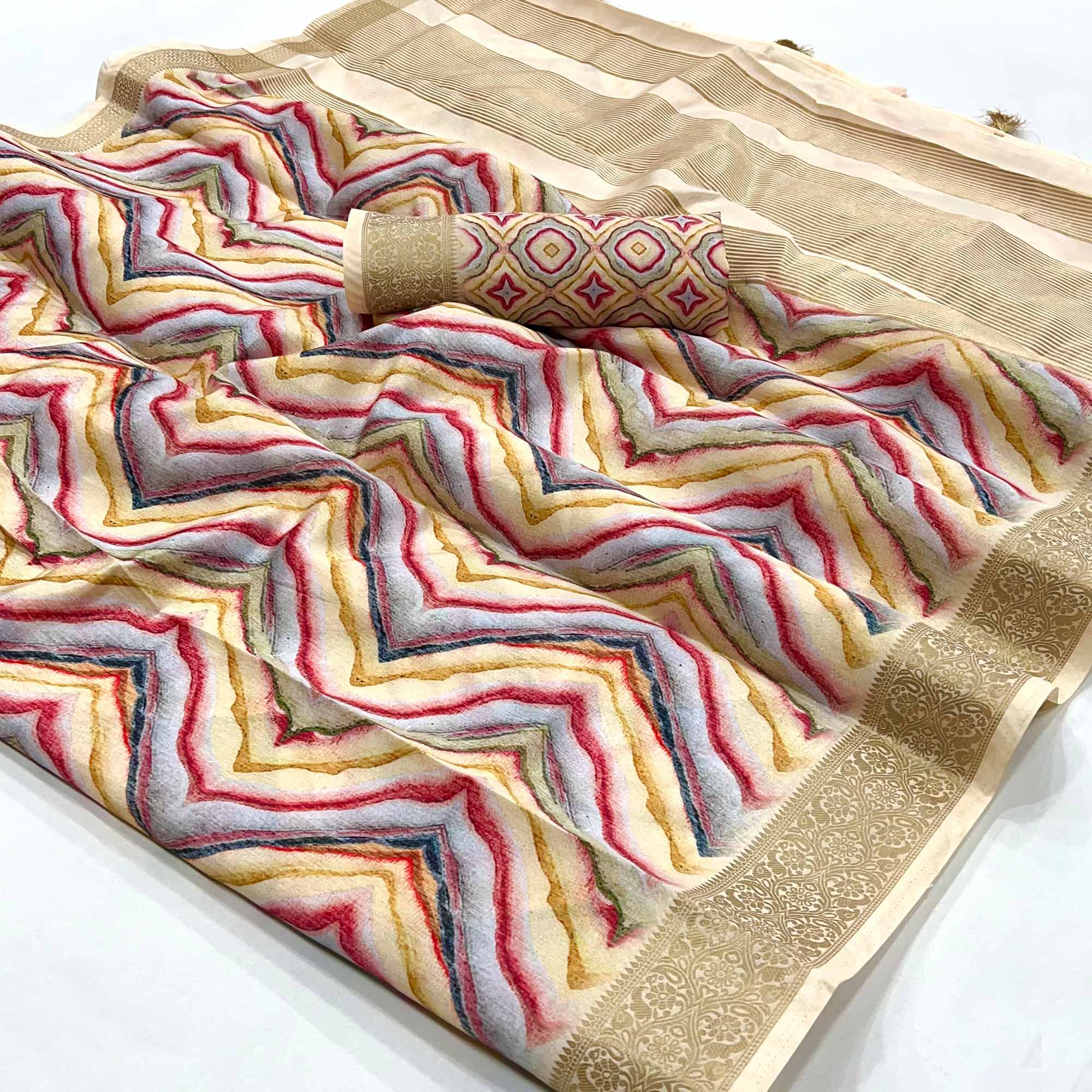 Cream Digital Printed Dola Silk Saree With Woven Border