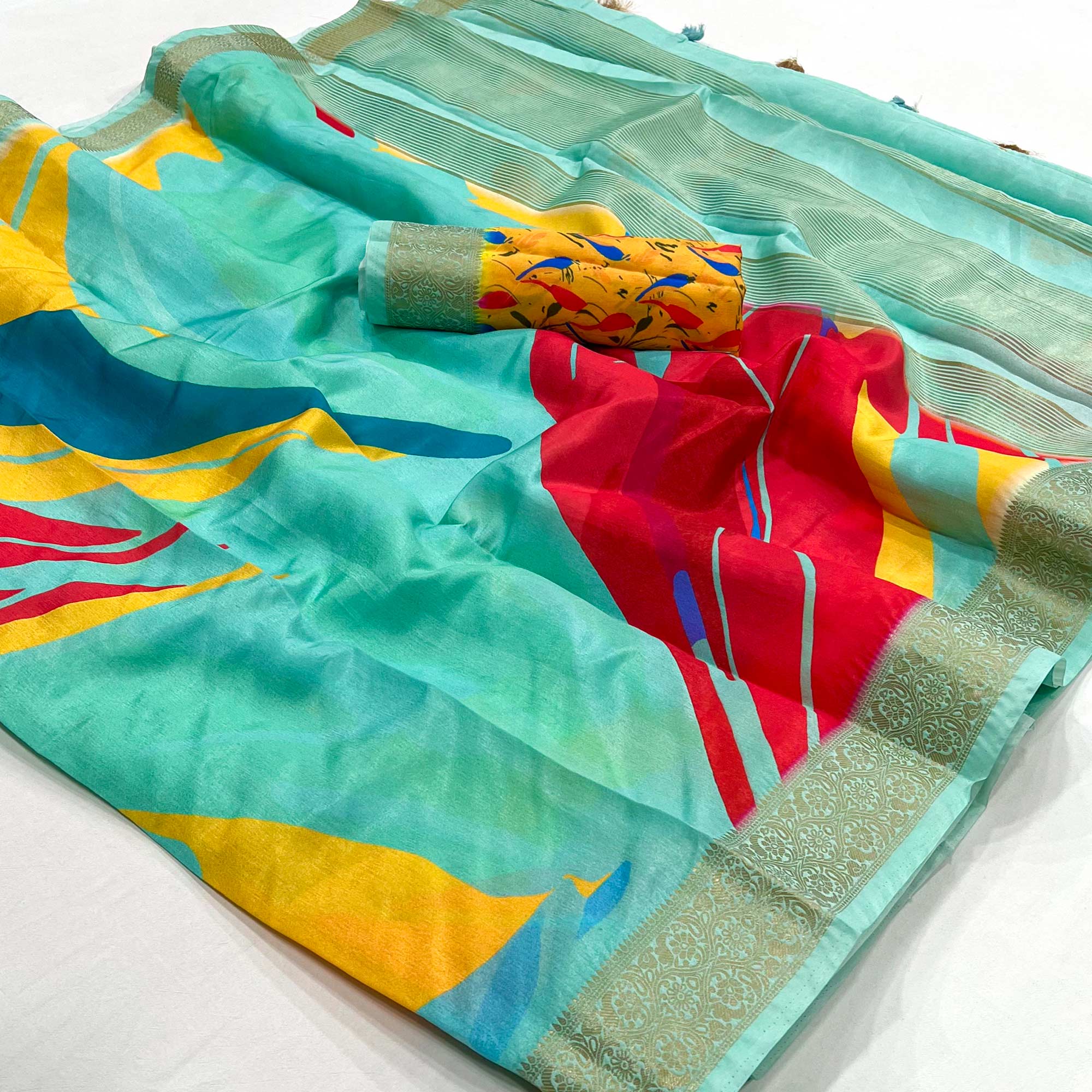 Turquoise Digital Printed Dola Silk Saree With Woven Border