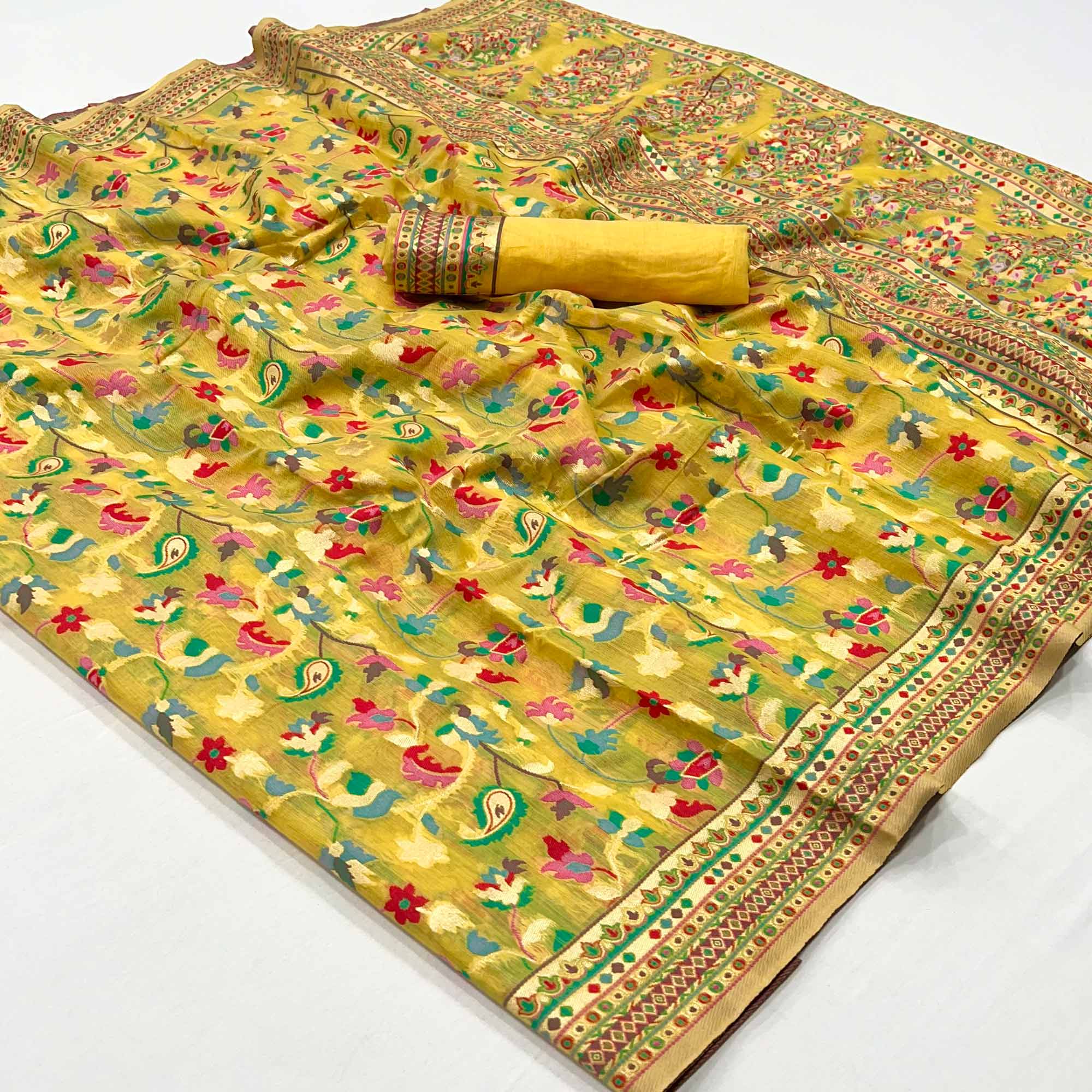 Yellow Floral Woven Cotton Blend Saree