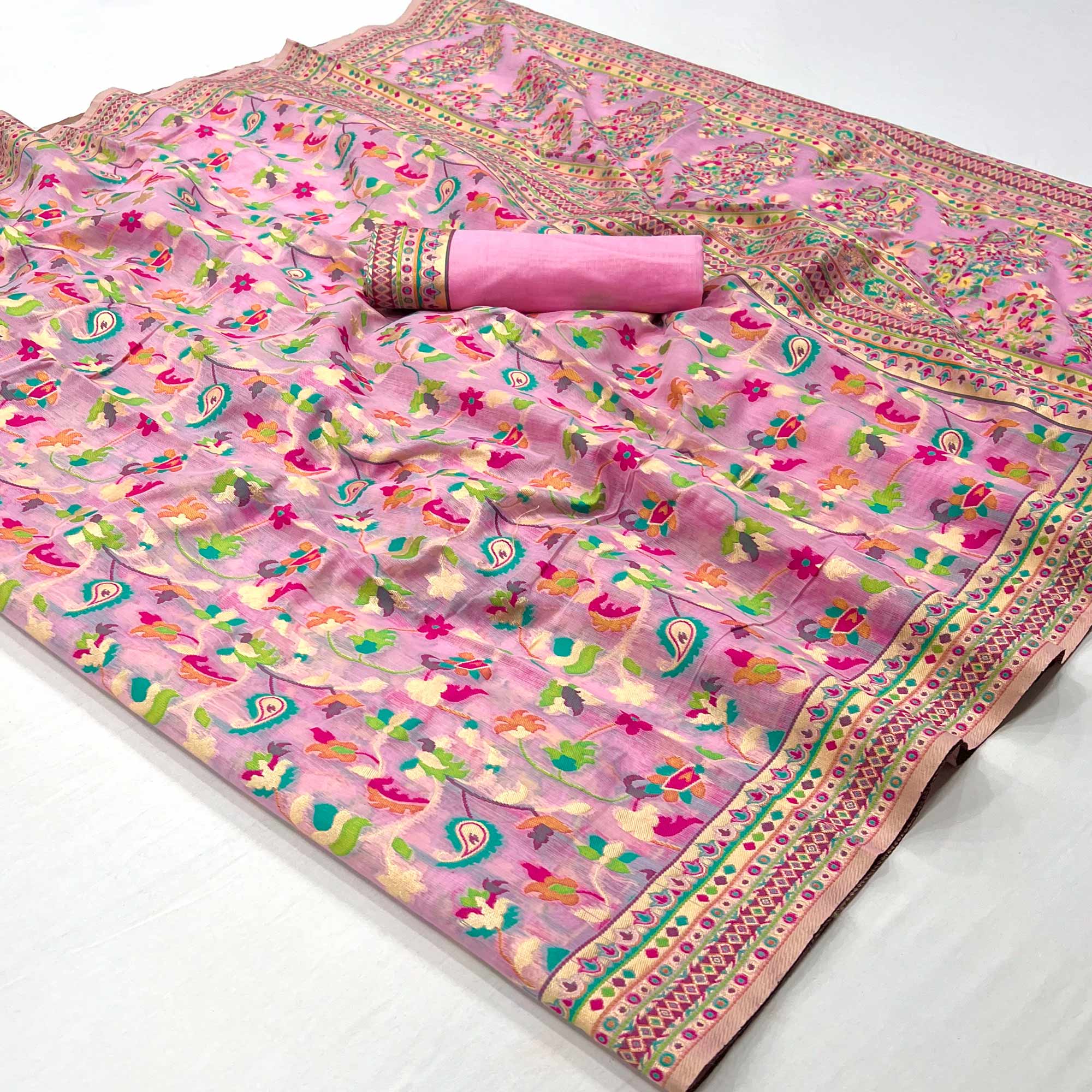 Pink Floral Woven Cotton Blend Saree