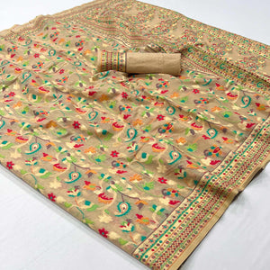 Chikoo Floral Woven Cotton Blend Saree